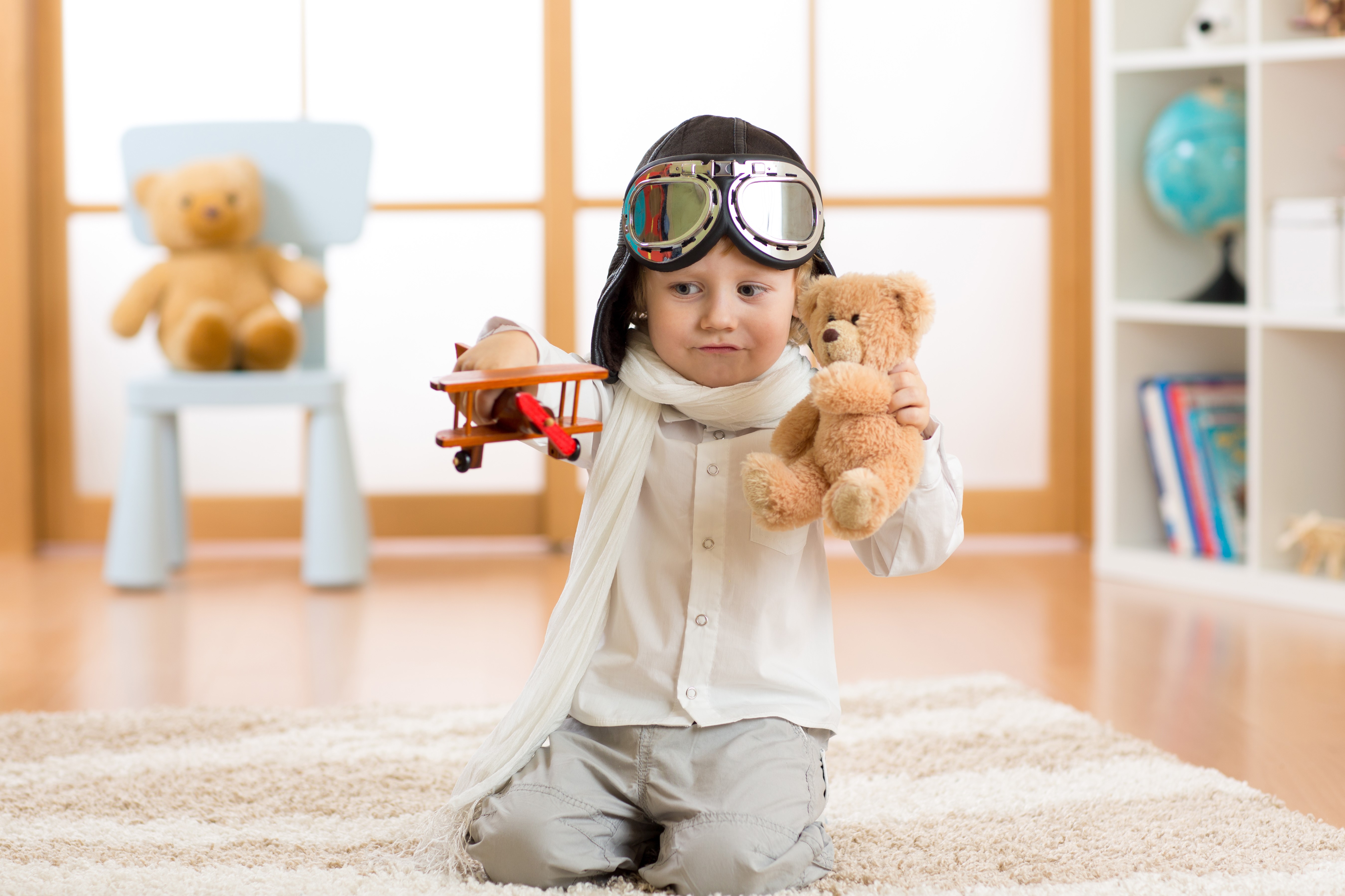 Boy with Toy Airplane and Teddy Bear HD Wallpaper