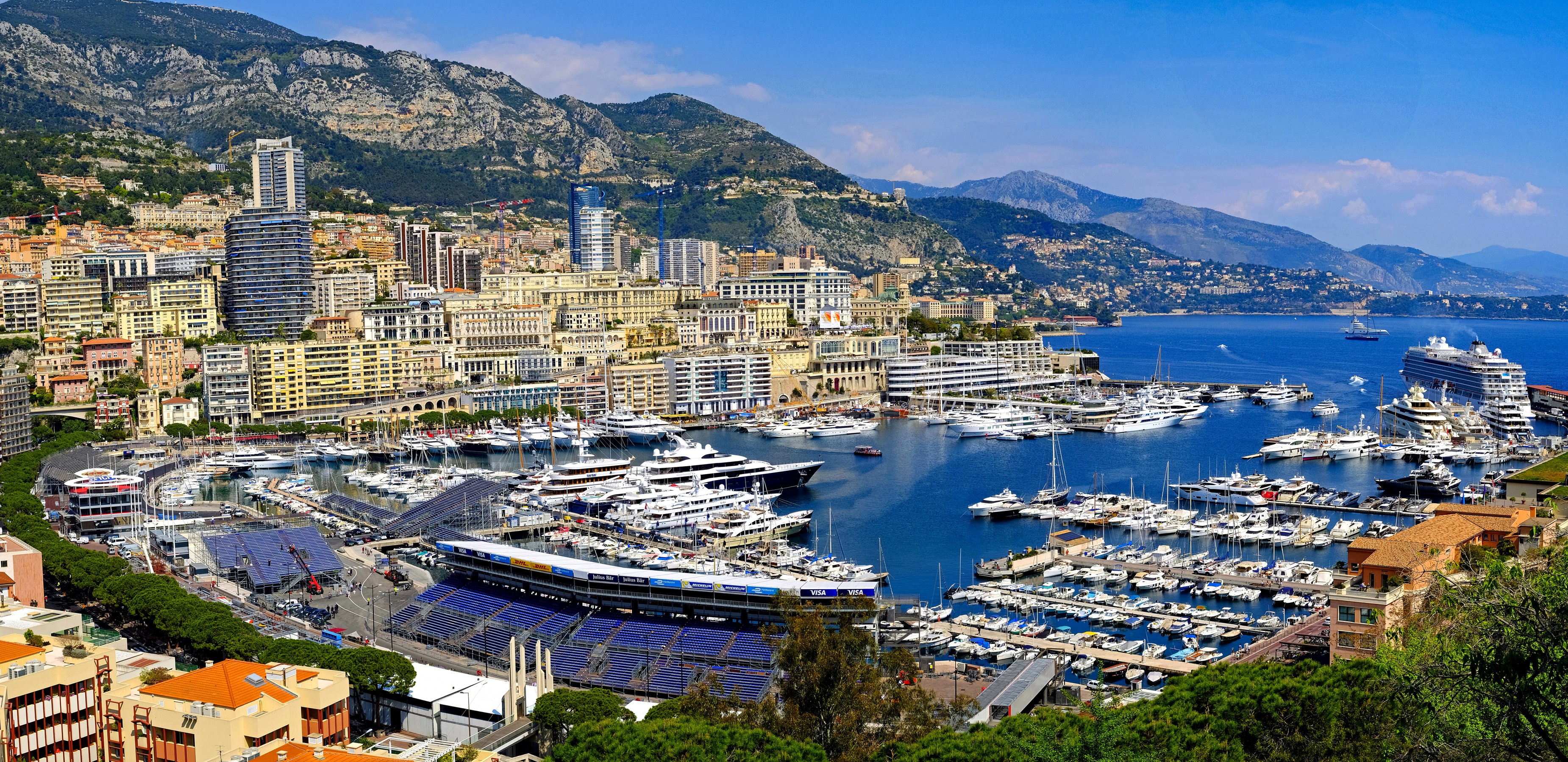 Port of Monaco with yachts and mountains HD Wallpaper