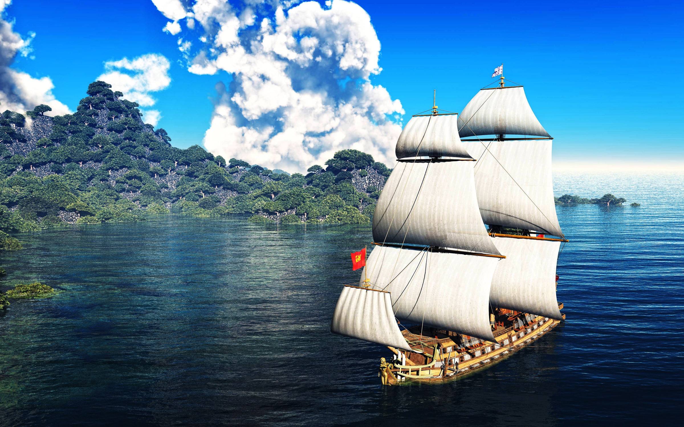 Sailing Ship on Calm Sea Near Green Island HD Wallpaper