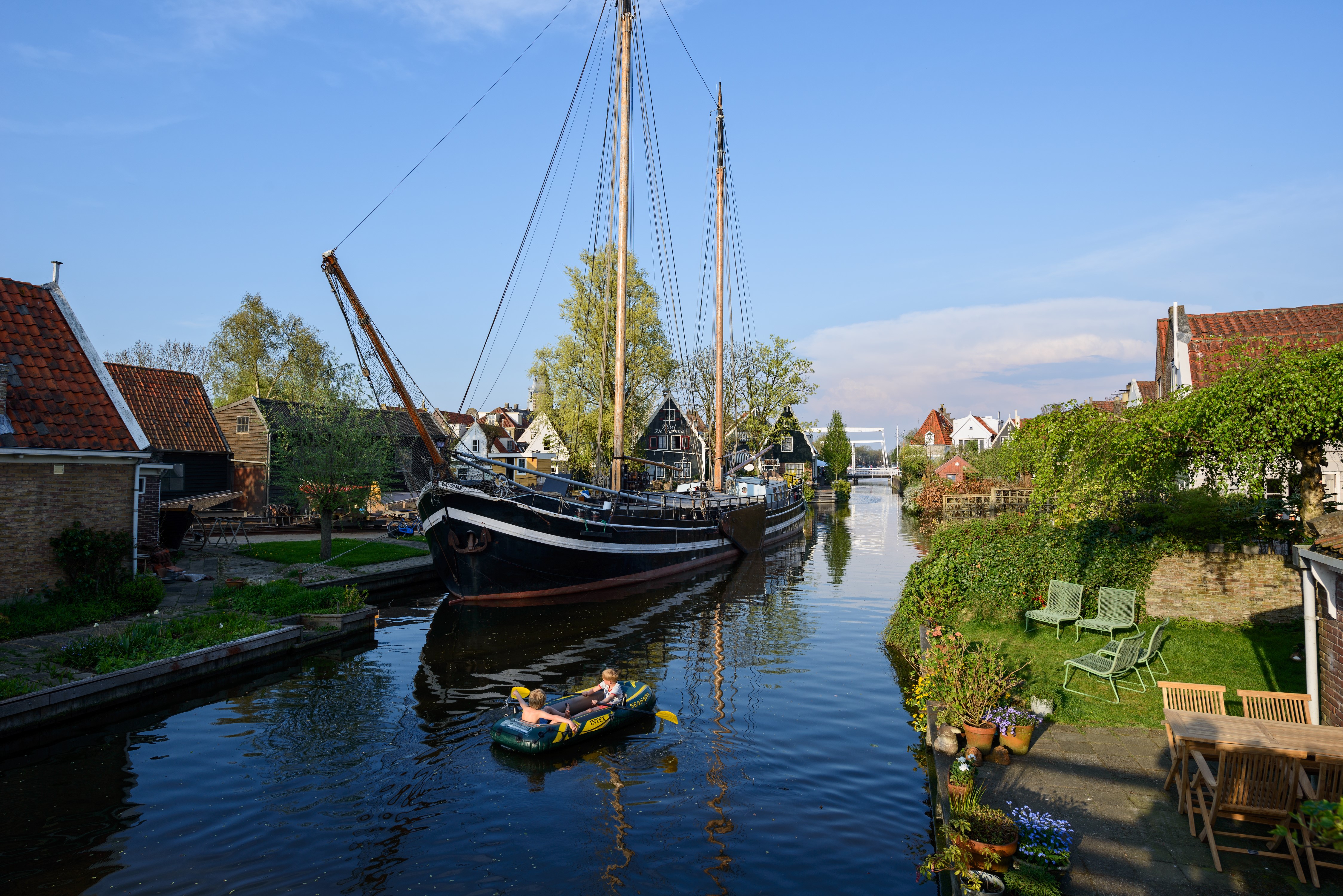 Sailing Ship and Inflatable Boat in Edam, Netherlands HD Wallpaper