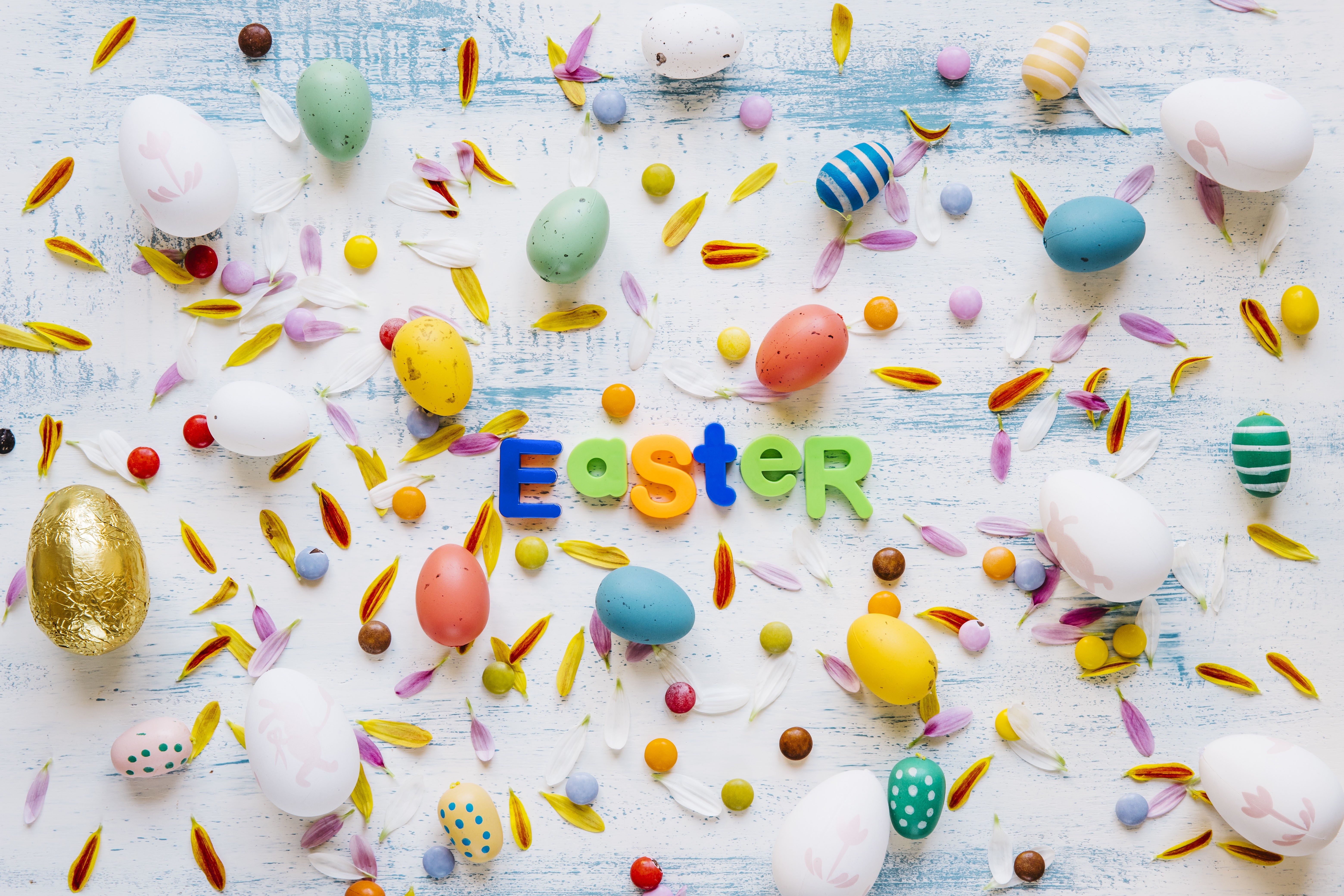 Easter eggs and flower petals on a wooden background HD Wallpaper