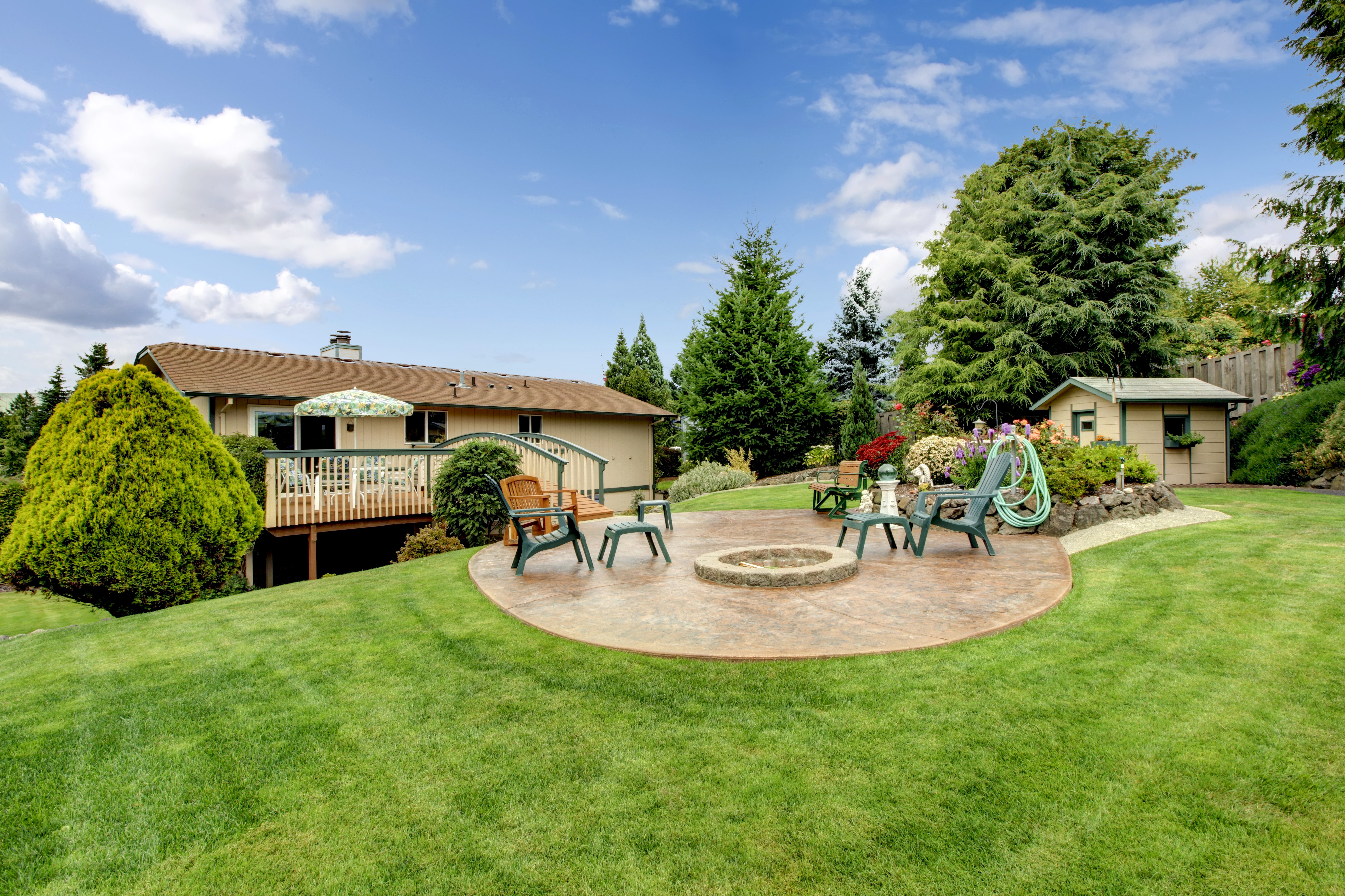 Backyard patio with fire pit and deck HD Wallpaper