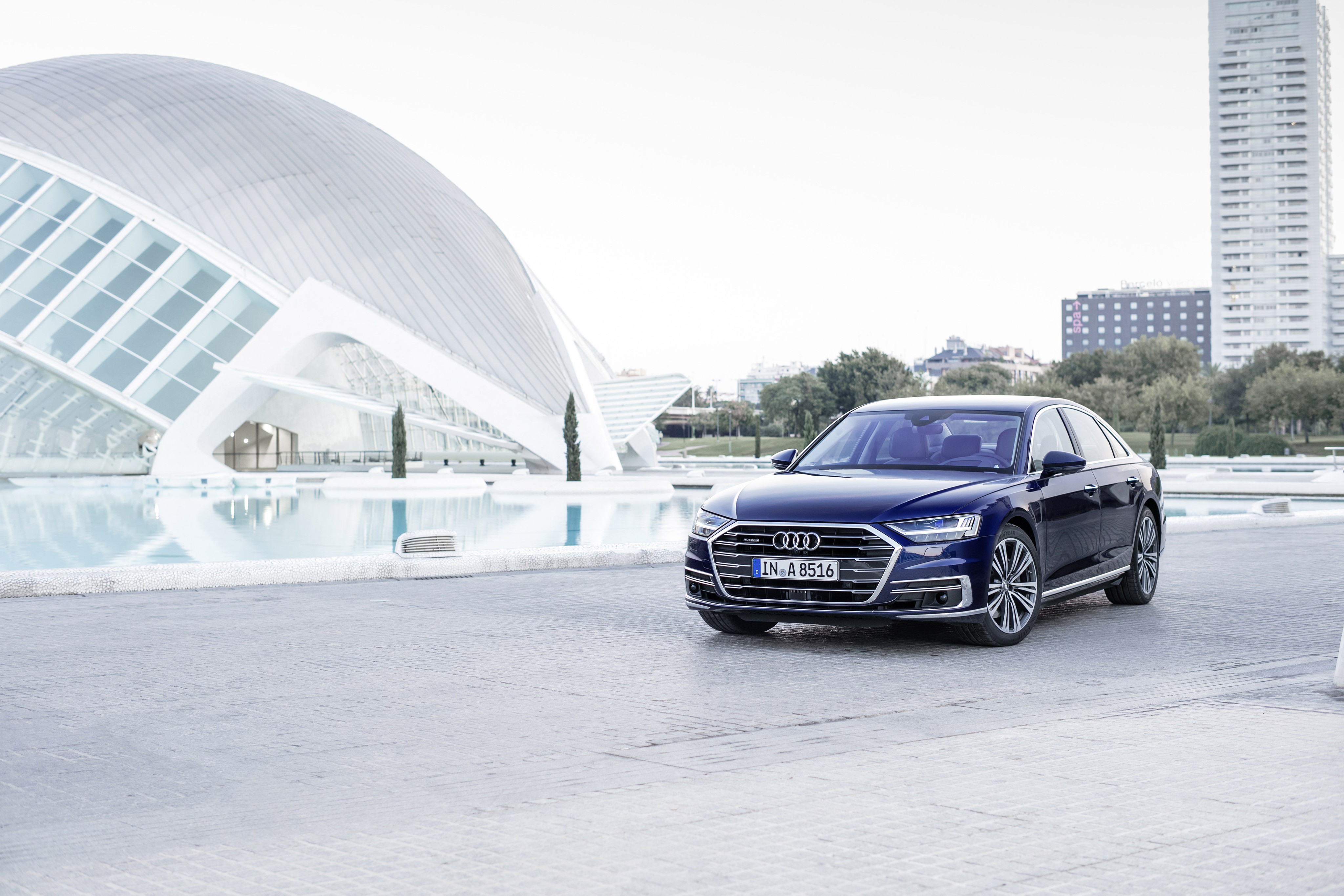 Blue Audi A8 55 TFSI quattro in Valencia HD Wallpaper