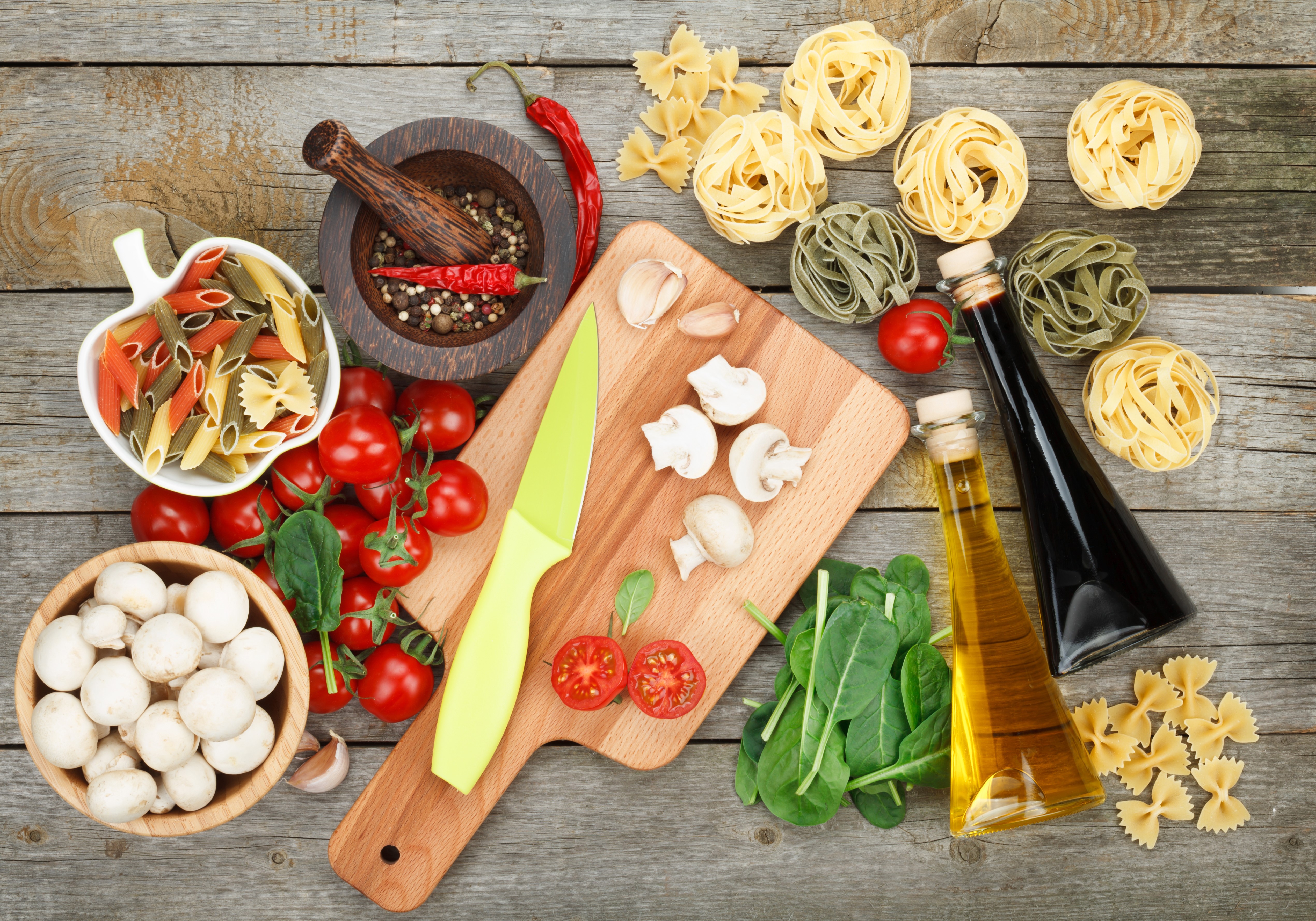 Ingredients for Italian Cooking on Wooden Table HD Wallpaper