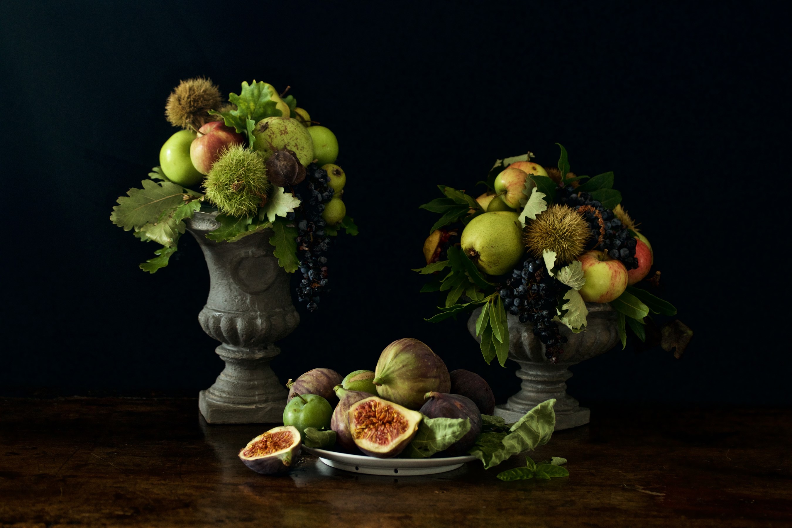 Still life with fruit in vases and on a plate HD Wallpaper