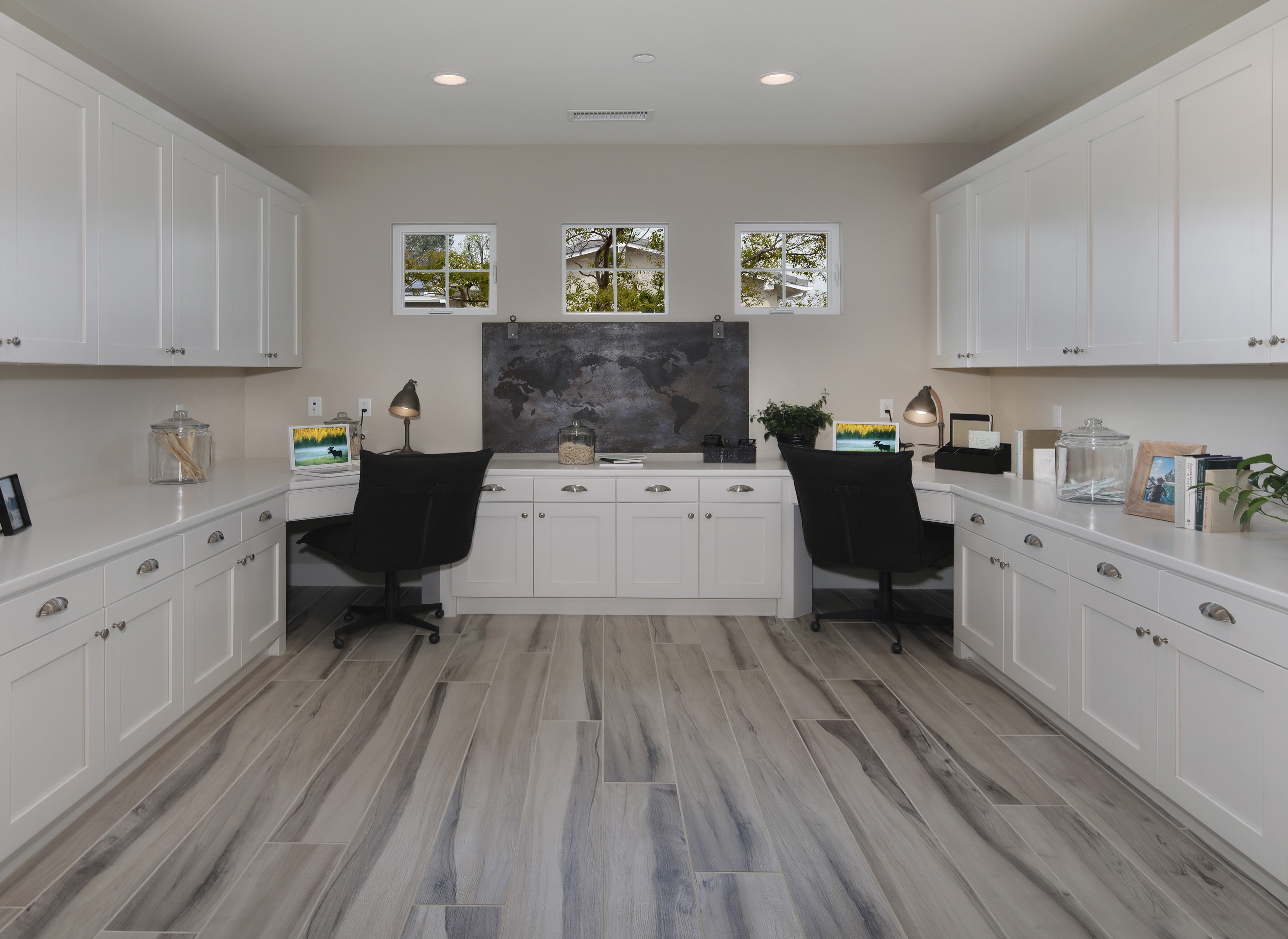 Home office with dual workstations and cabinetry HD Wallpaper