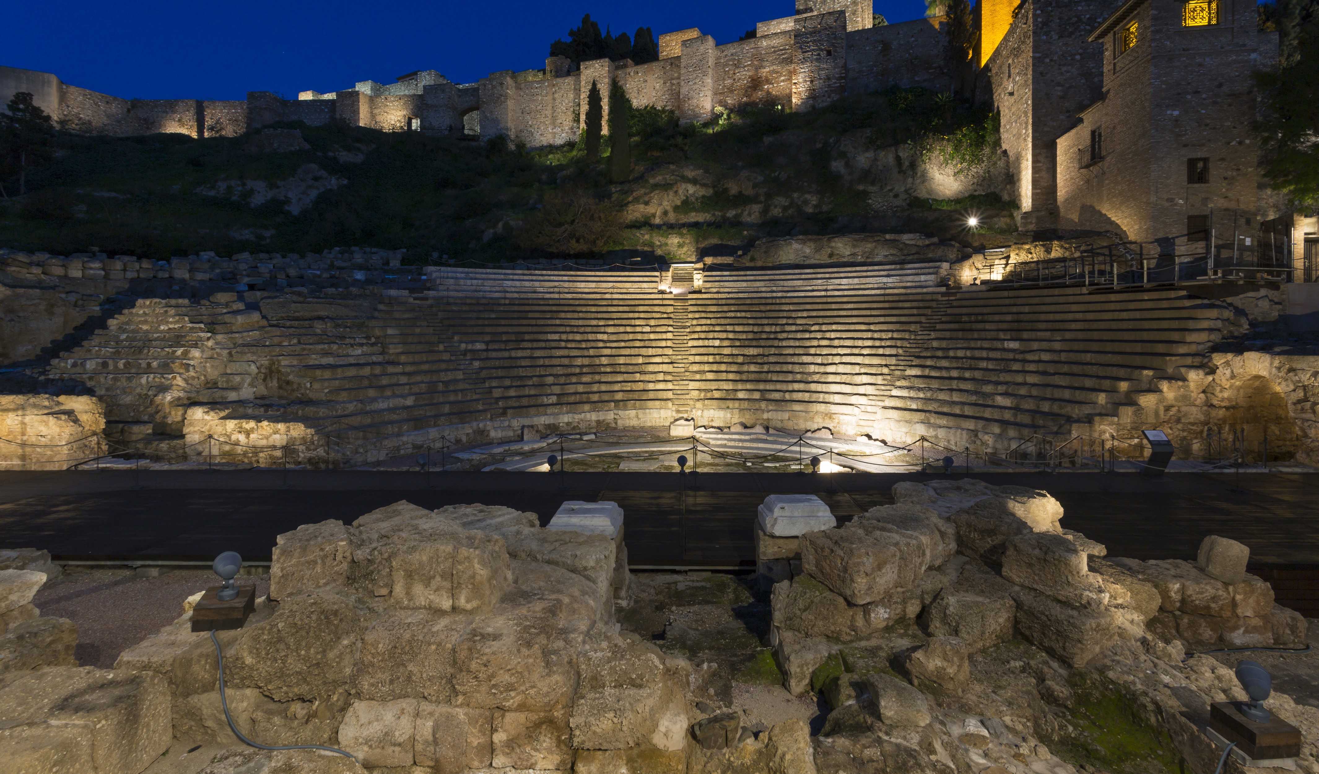 Roman Theatre and Alcazaba Fortress at Night in Malaga, Spain HD Wallpaper