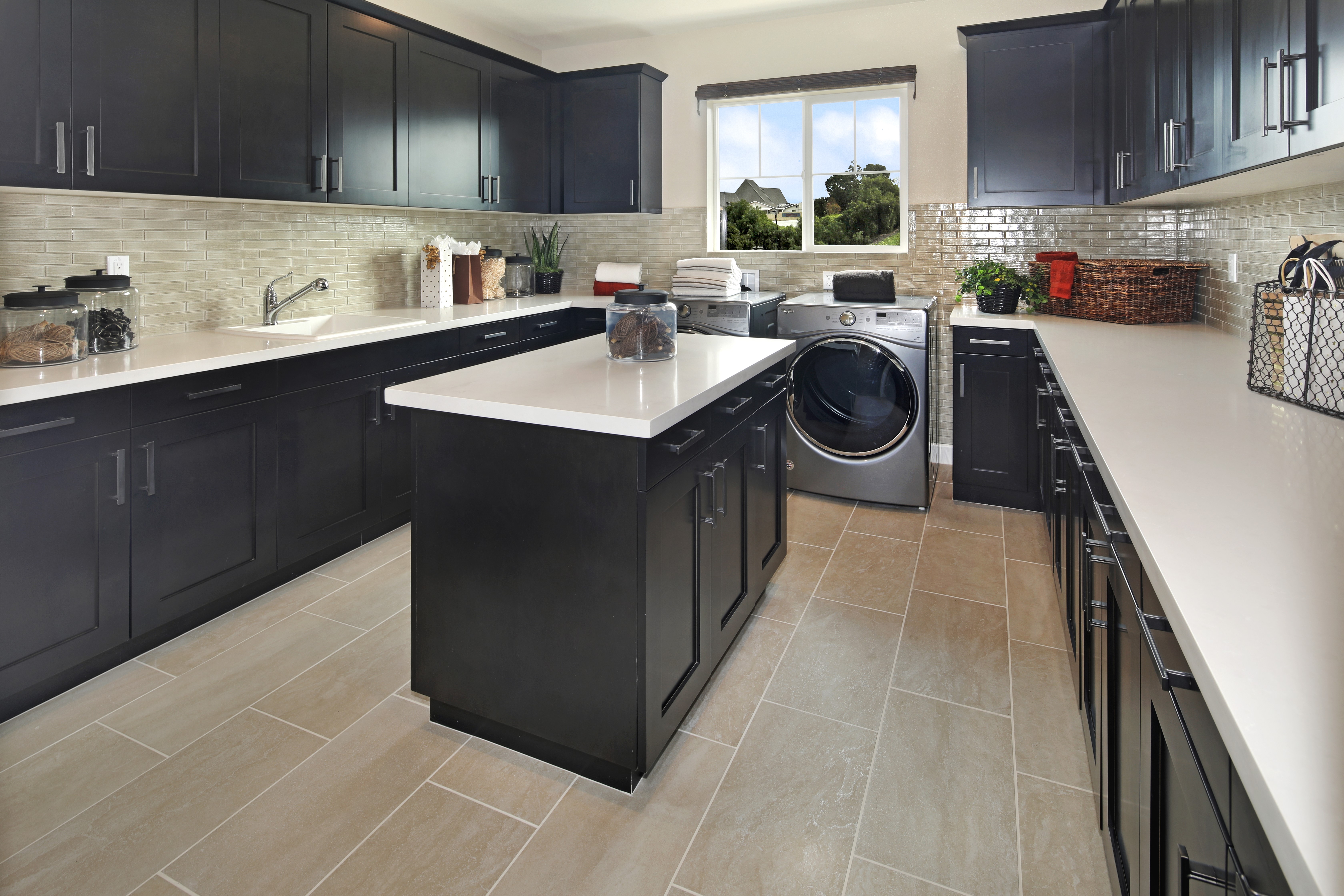 Modern Laundry Room with Dark Cabinets and Washer HD Wallpaper