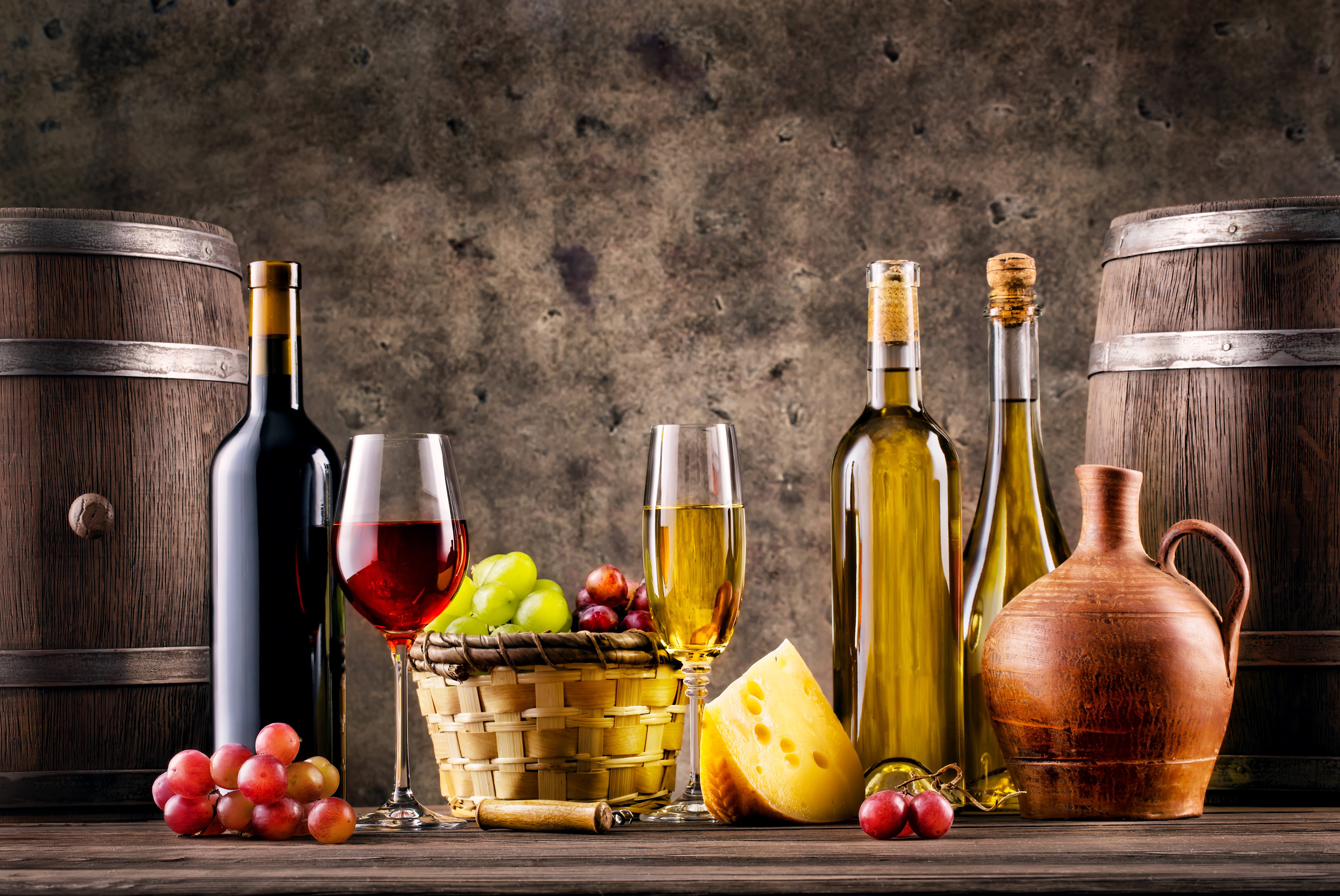 Wine, Grapes, Cheese, and Barrels HD Wallpaper
