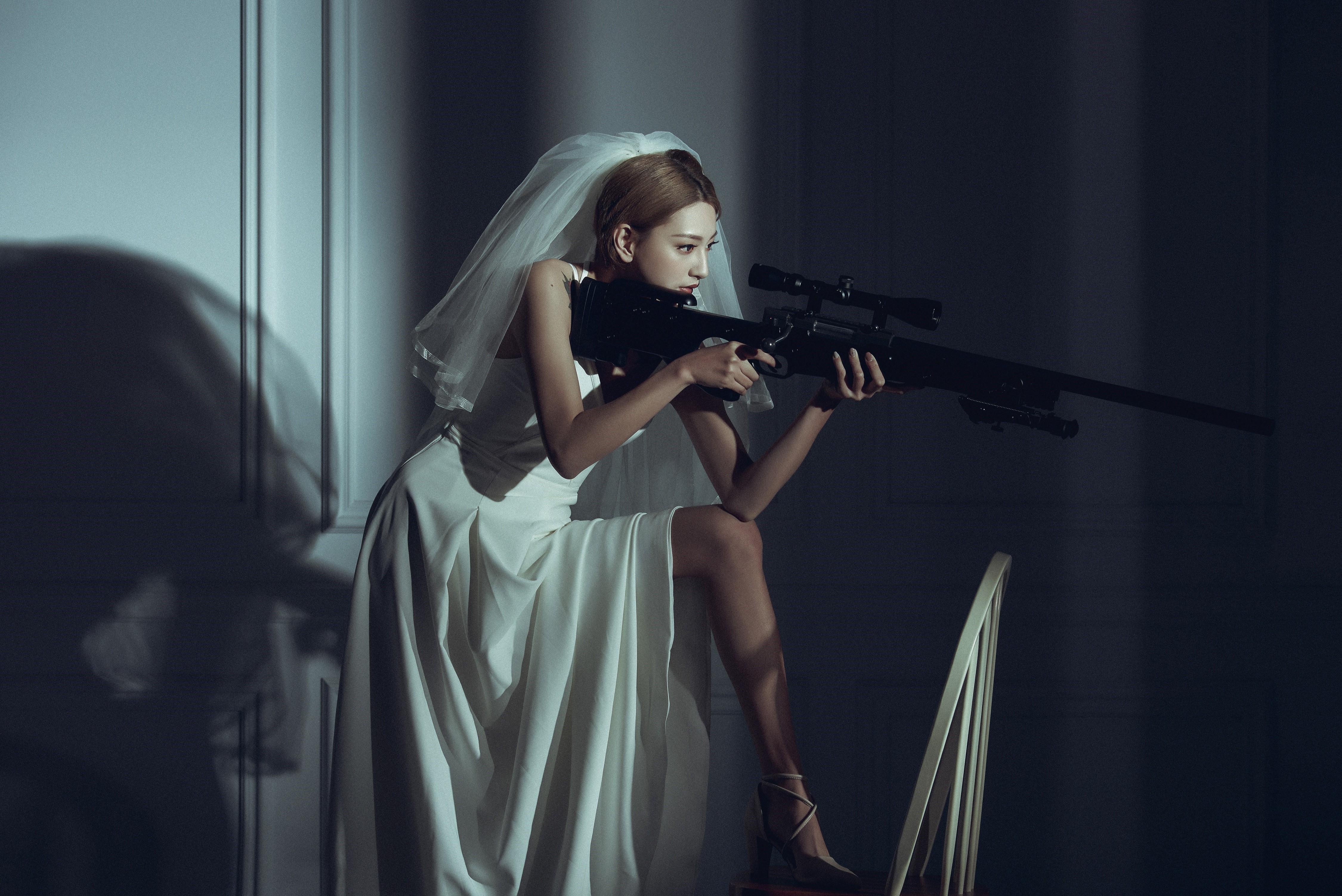 4K Bride in White Dress Holding Sniper Rifle HD Wallpaper