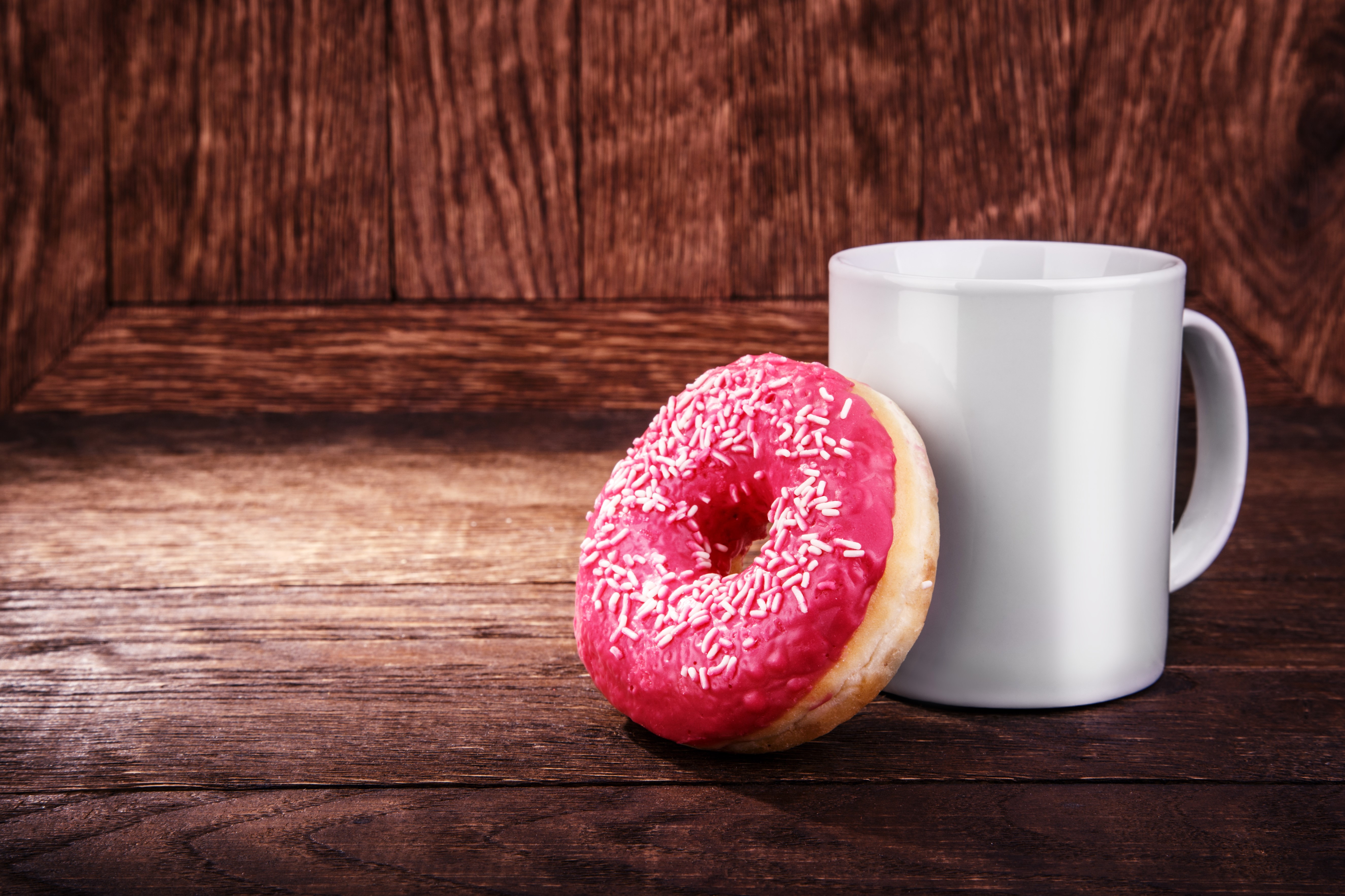 Donut and Mug on Wood HD Wallpaper