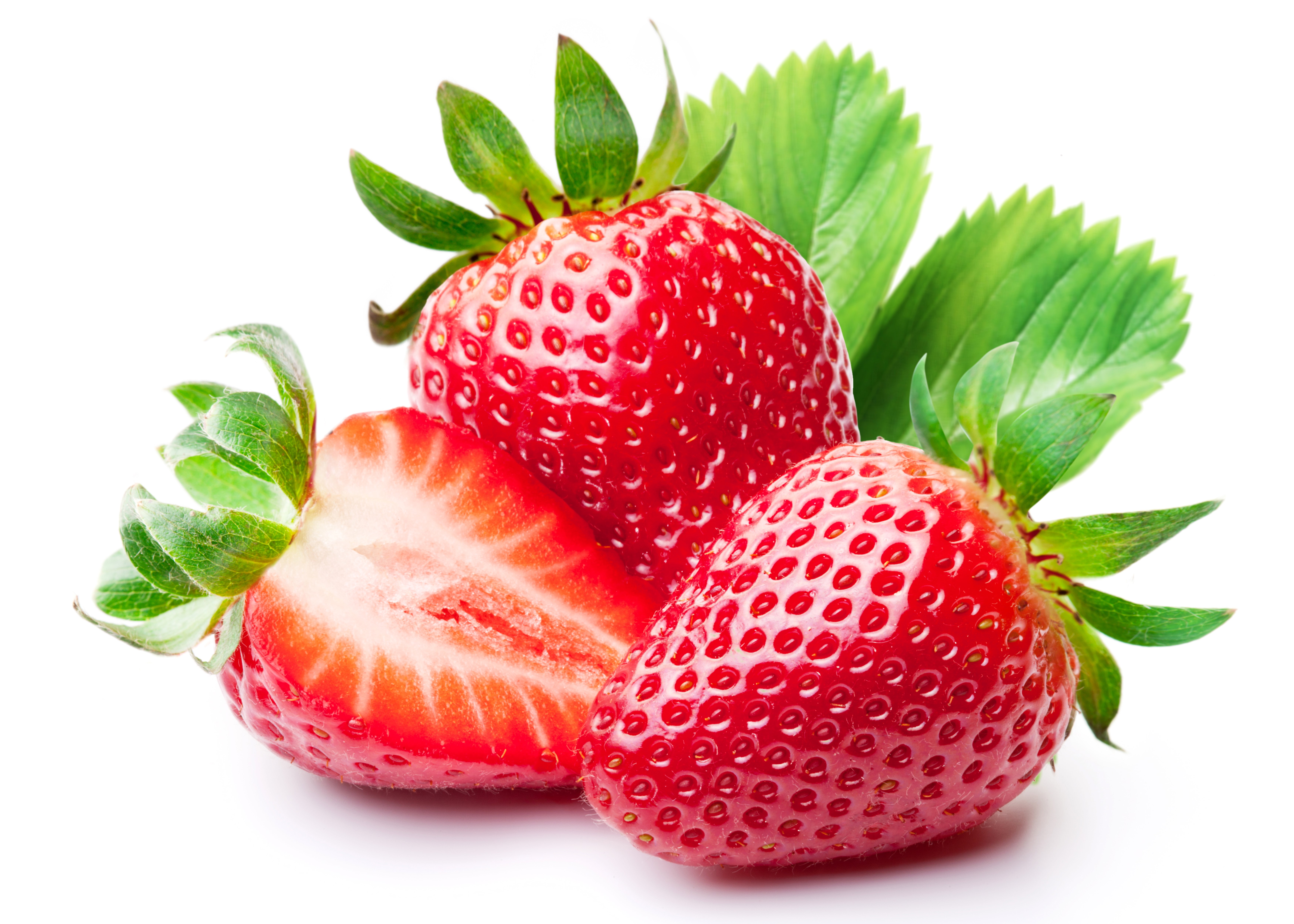 Strawberries with leaves on white background HD Wallpaper