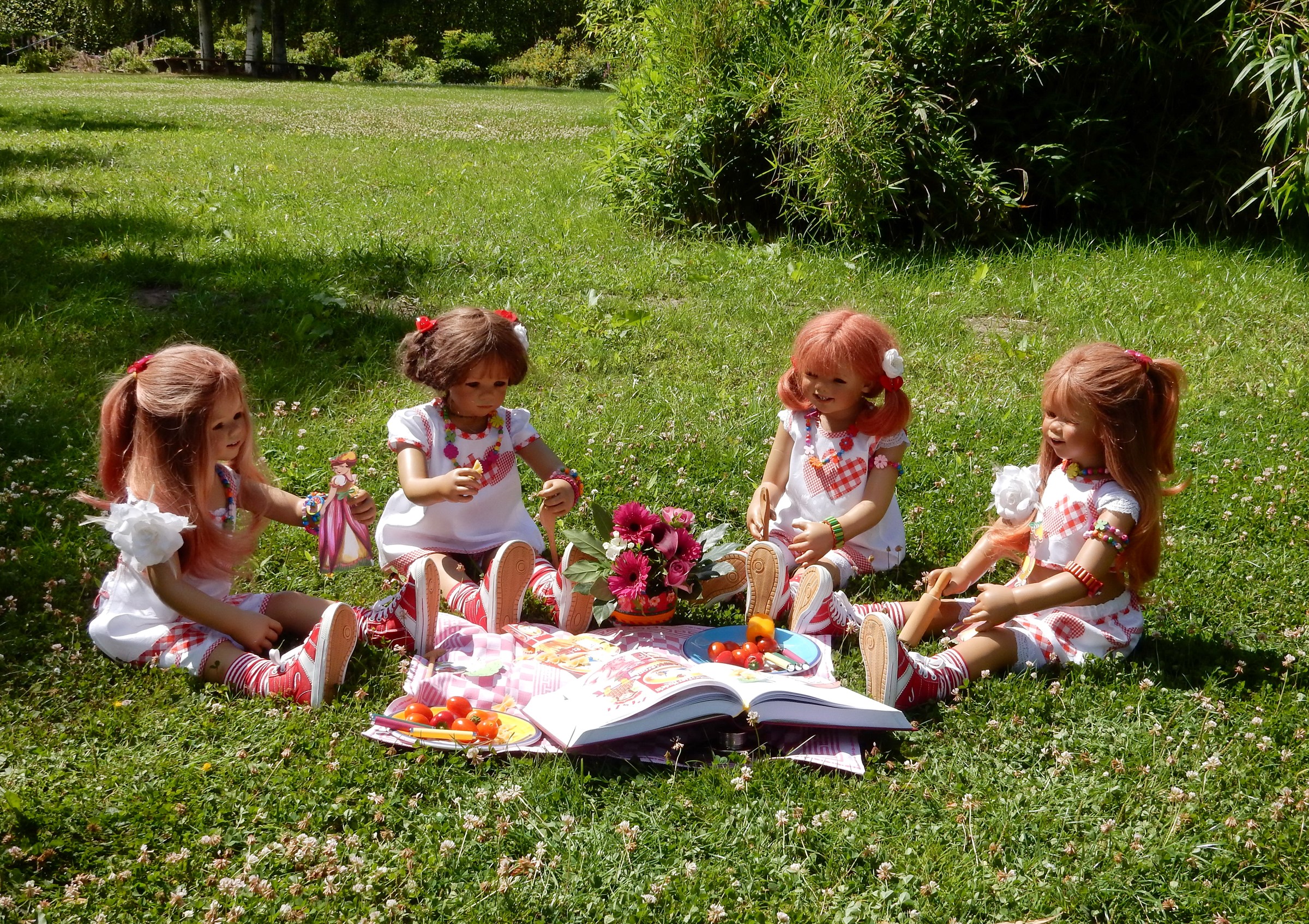 Four dolls having a picnic in a park HD Wallpaper