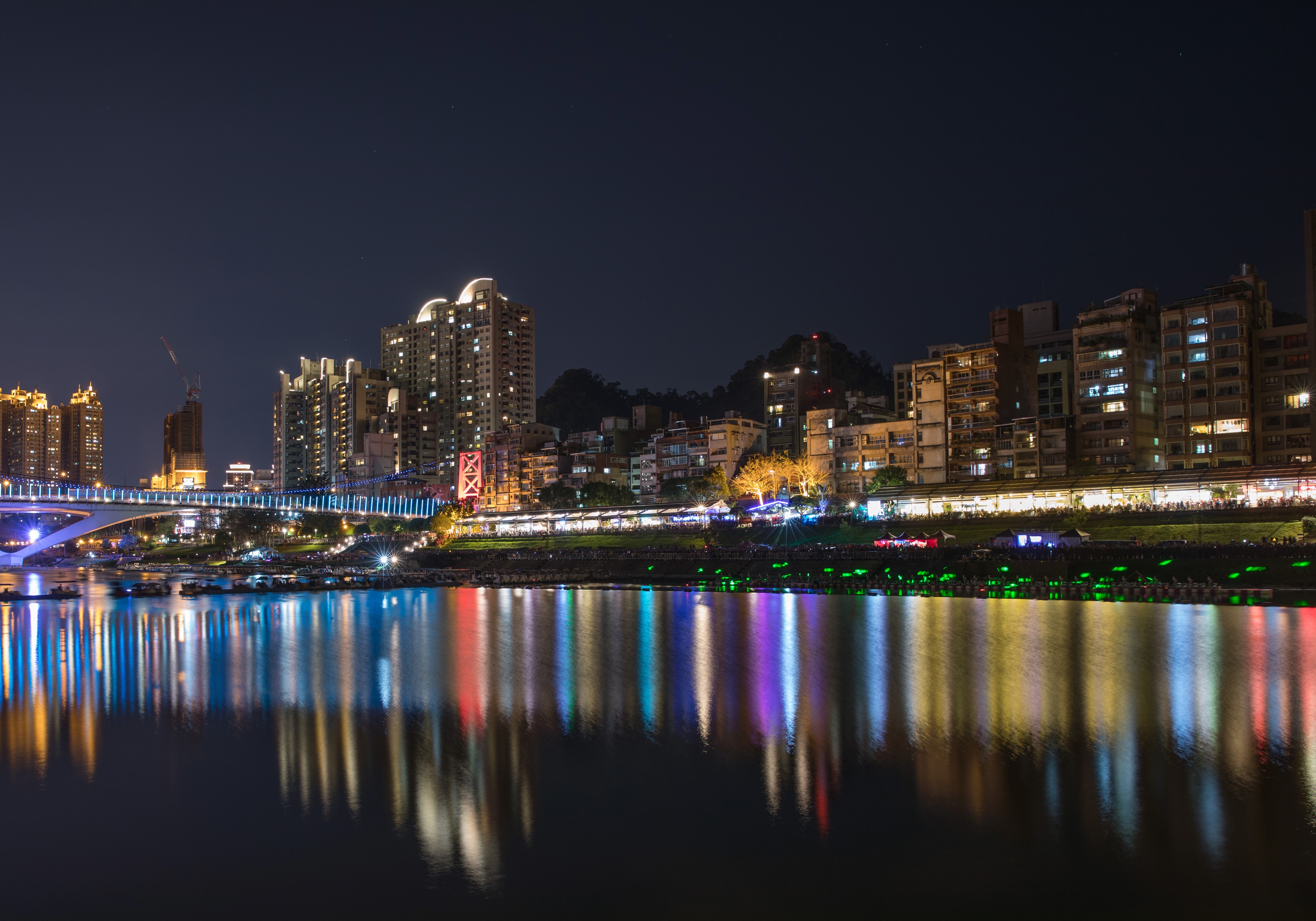 Cityscape with Bridge and River at Night HD Wallpaper
