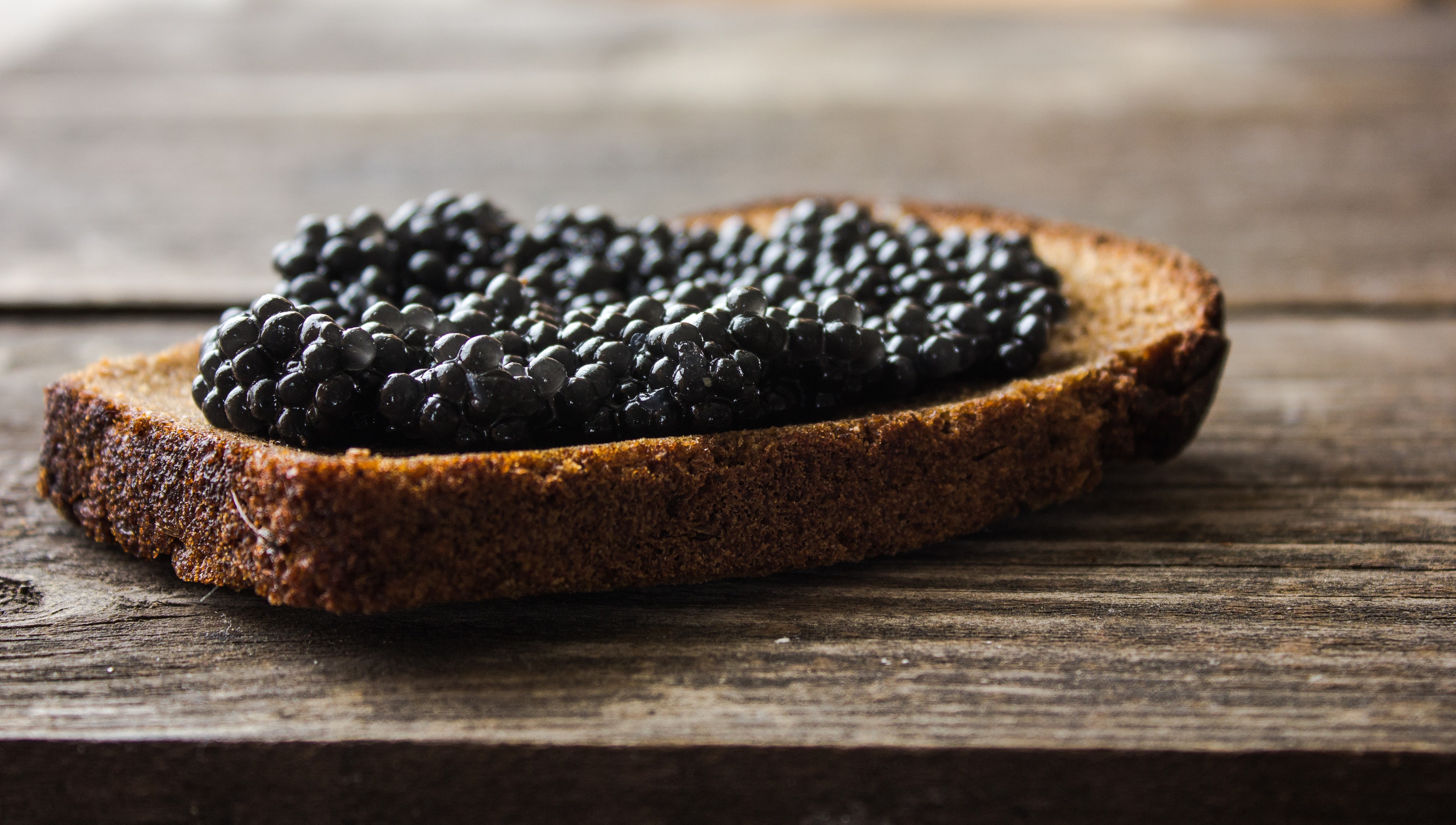 Caviar on bread on wooden planks HD Wallpaper