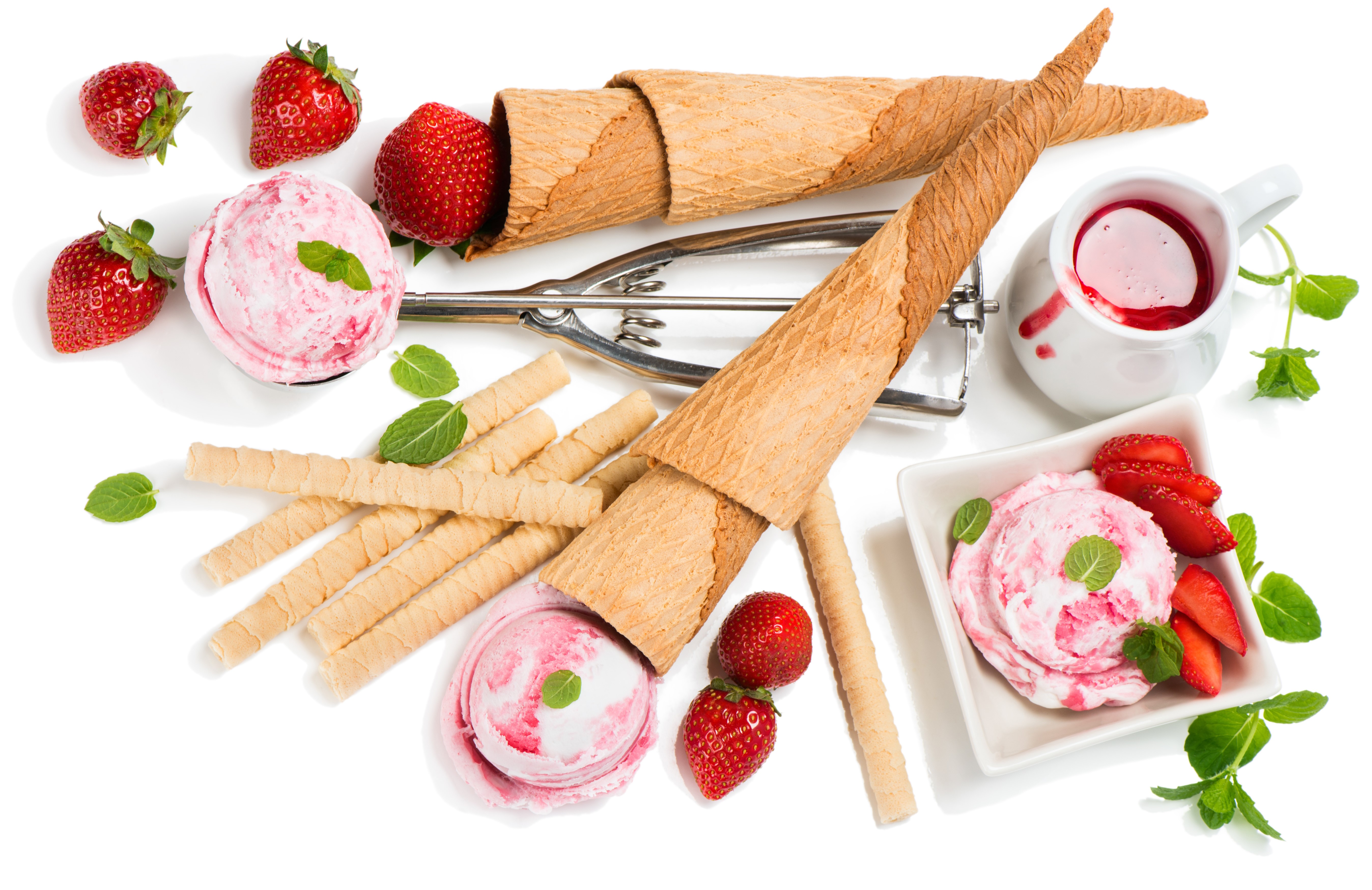 Strawberry Ice Cream with Cones and Strawberries HD Wallpaper