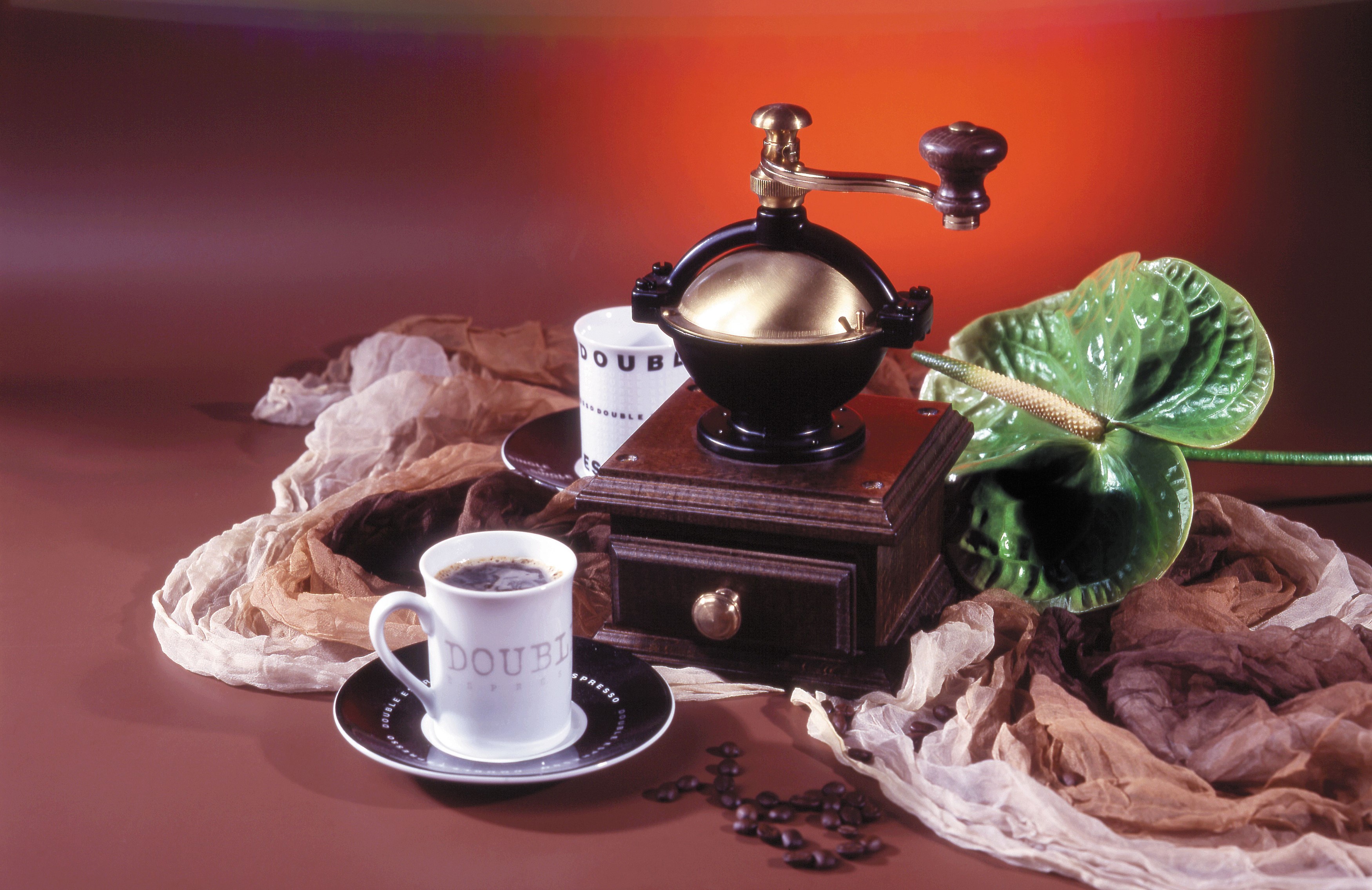Coffee grinder, cups, and anthurium flower HD Wallpaper