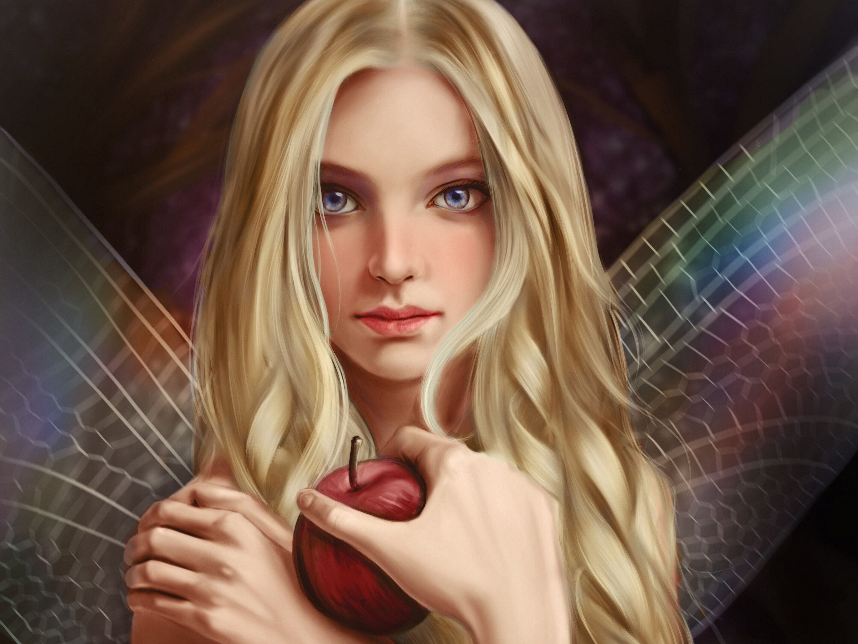Fairy with blonde hair holding a red apple HD Wallpaper