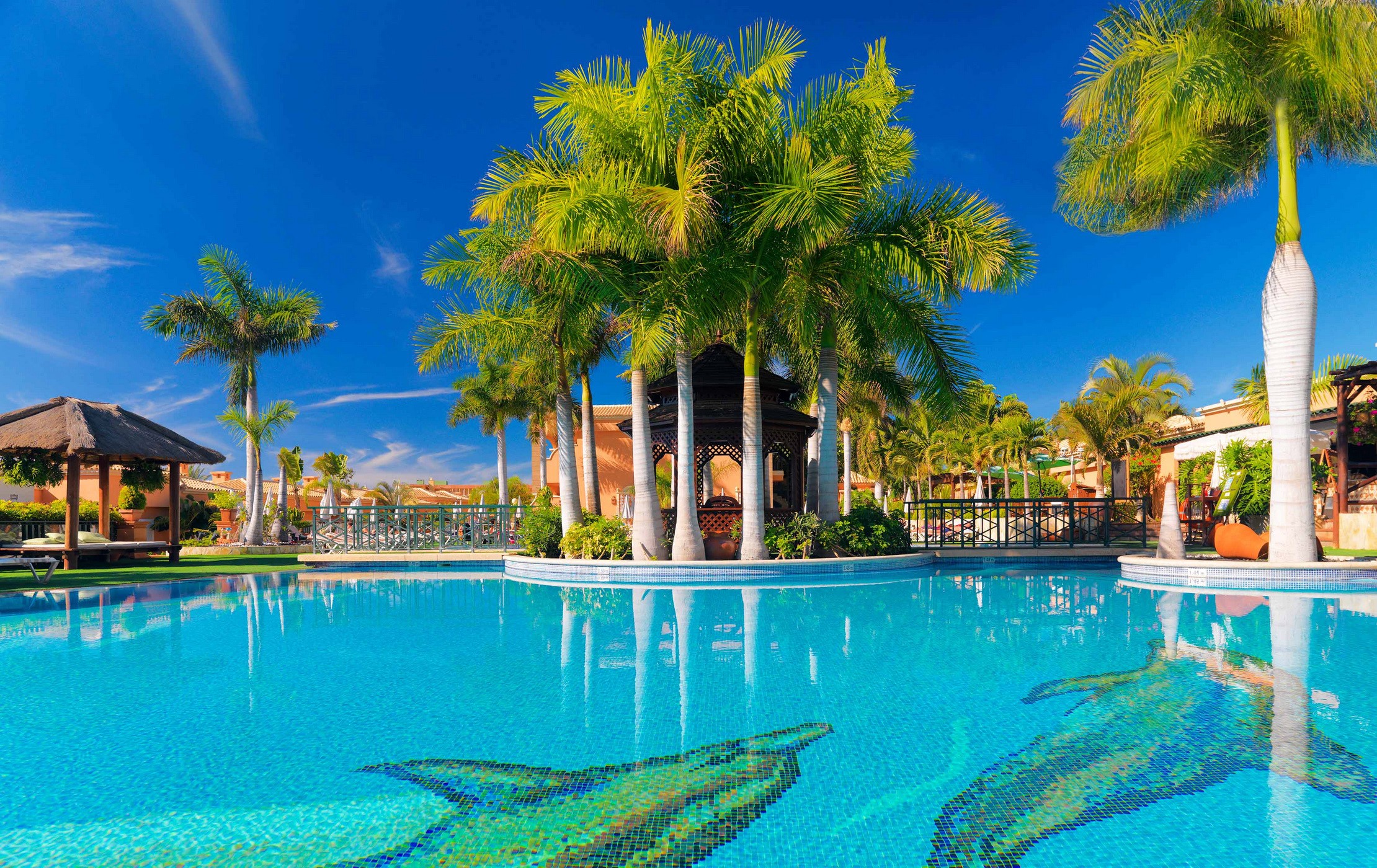 Resort pool with palm trees in Tenerife, Spain HD Wallpaper