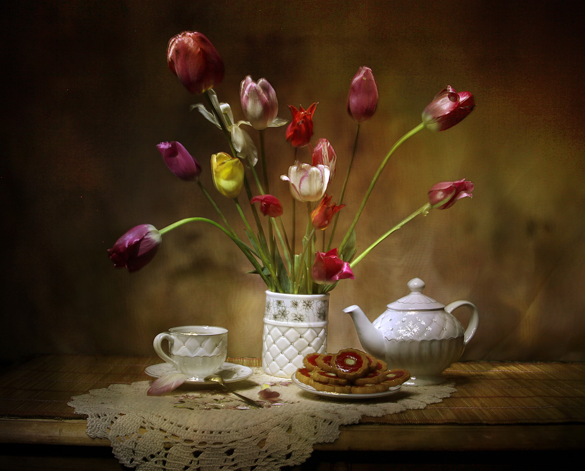 Still-life with Tulips, Kettle, Pastry, Vase, and Cup HD Wallpaper