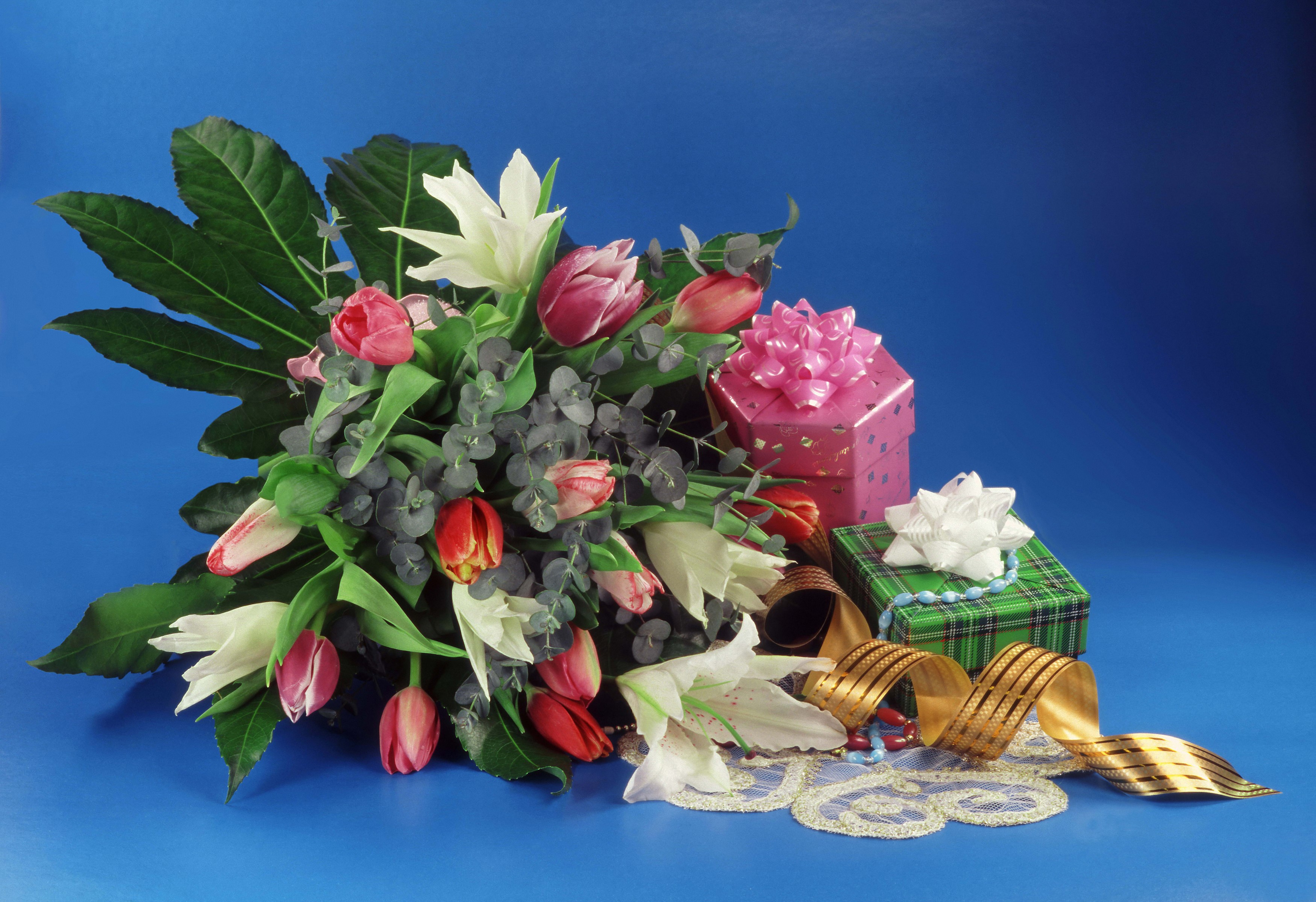 Bouquet of Tulips and Lilies with Gifts HD Wallpaper