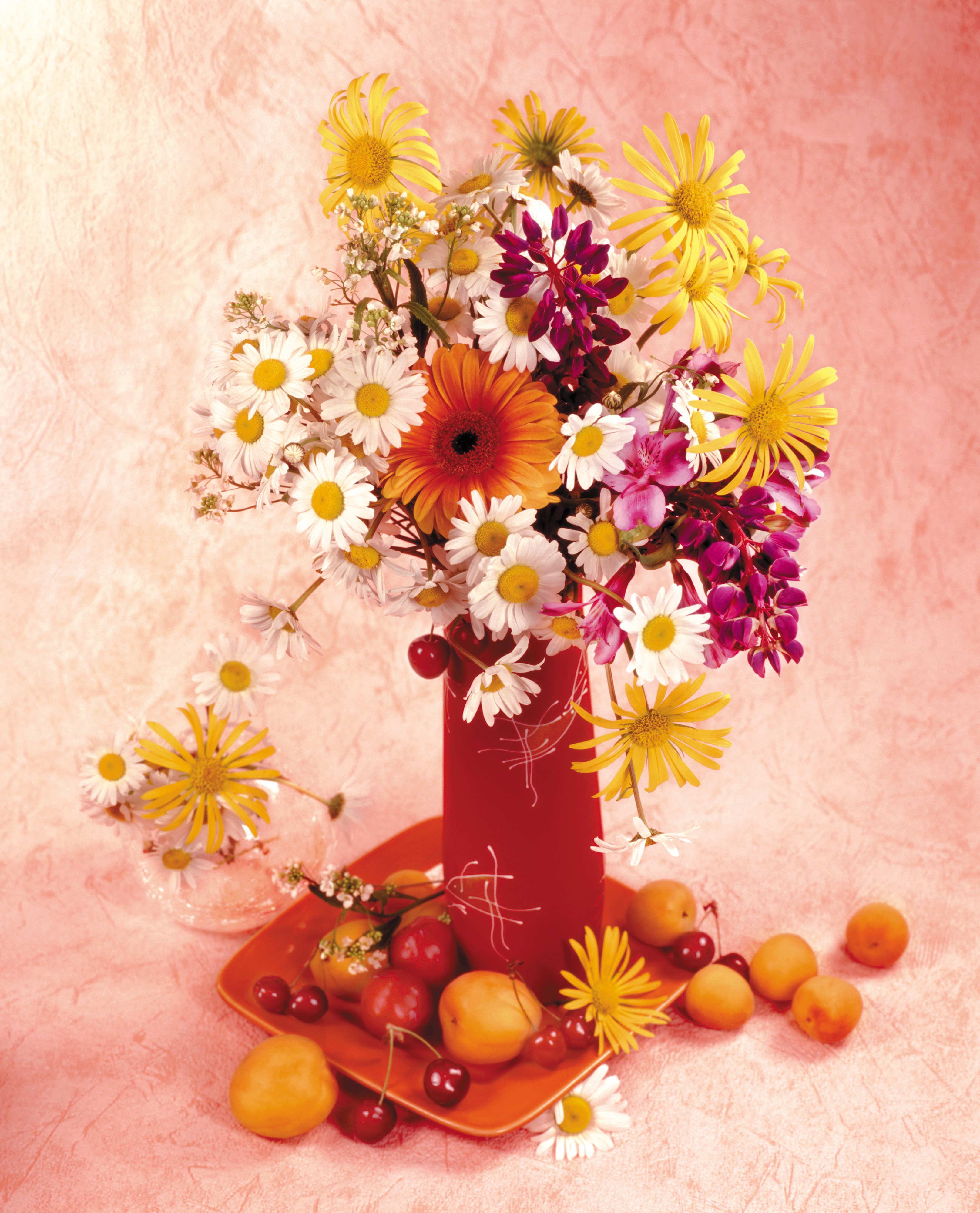 Still-life with bouquet of flowers and fruits HD Phone Wallpaper