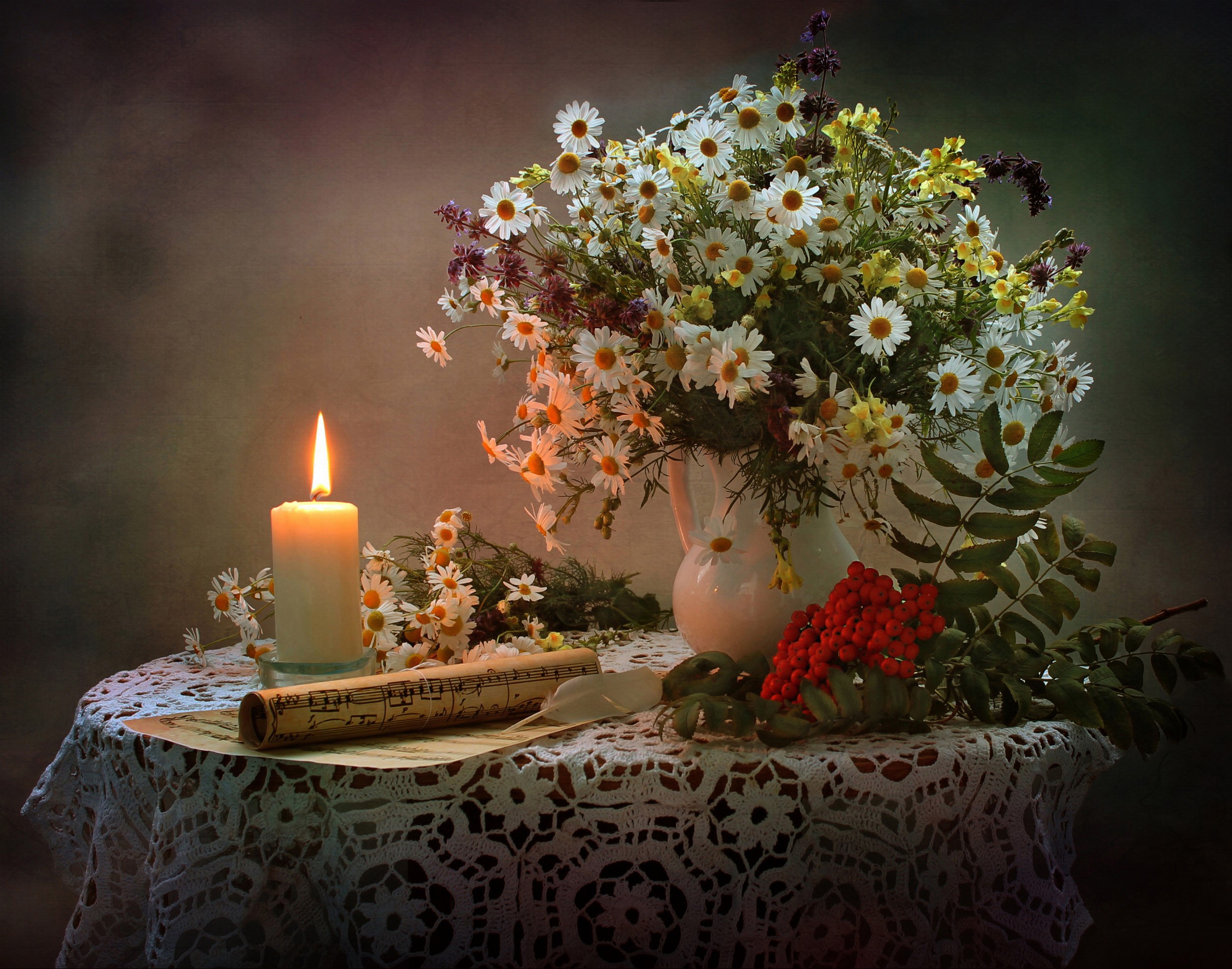 Still-life with camomiles, candle, and sheet music HD Wallpaper