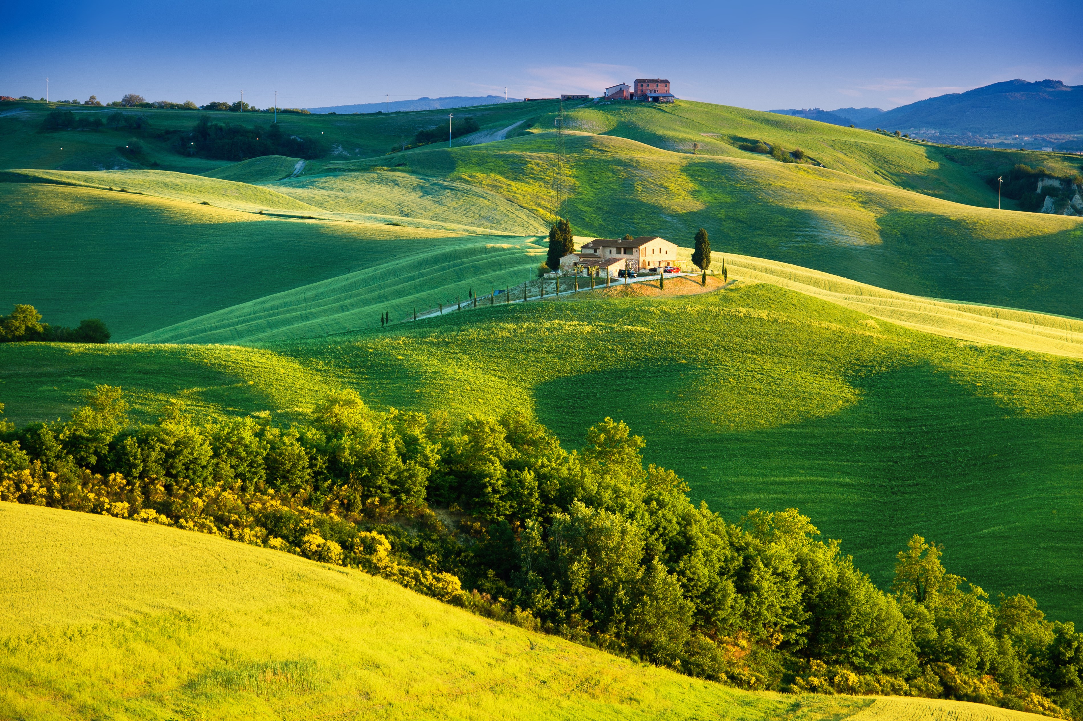 Tuscan landscape with rolling green hills and houses HD Wallpaper
