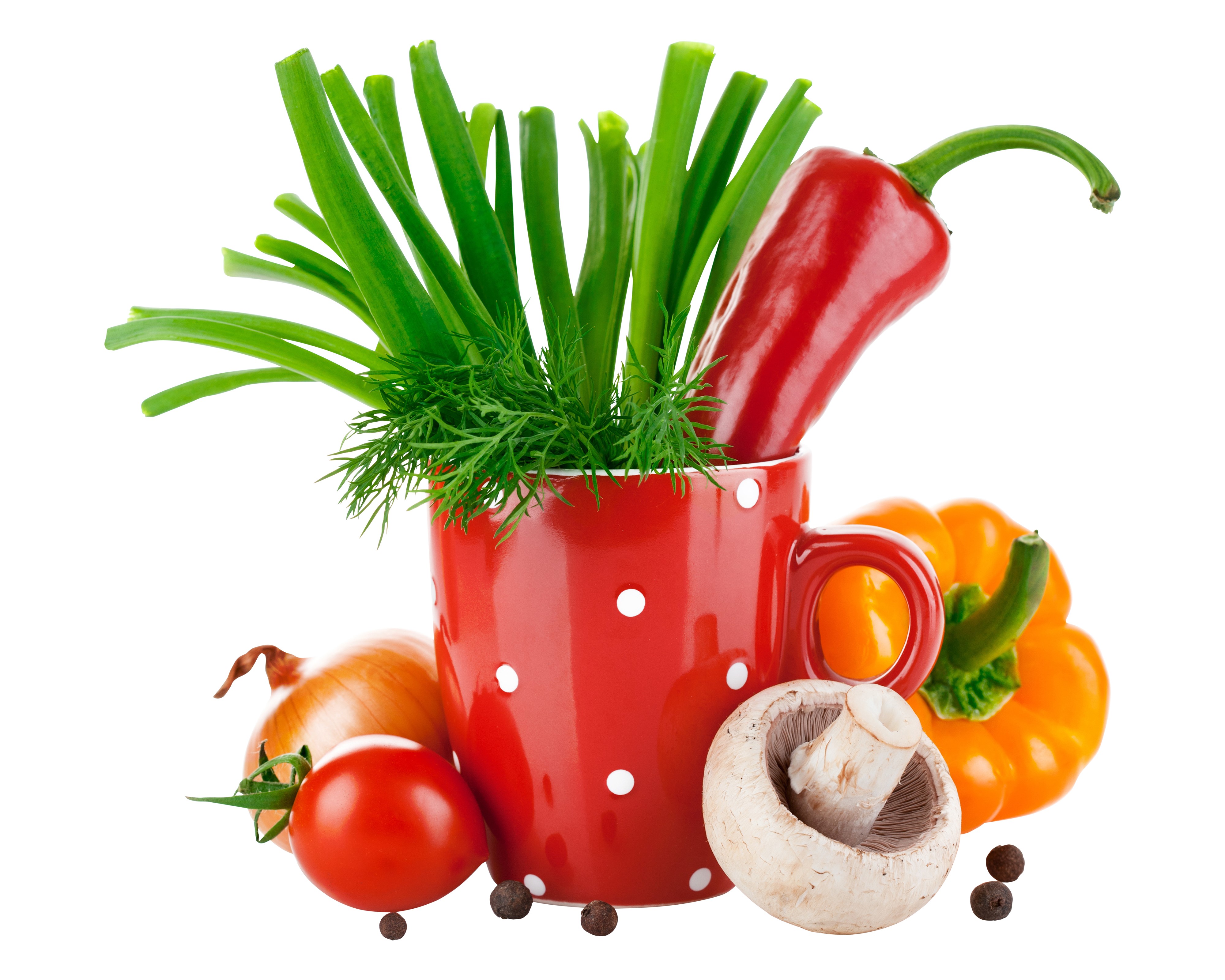 Vegetables in a red polka dot mug with white background HD Wallpaper