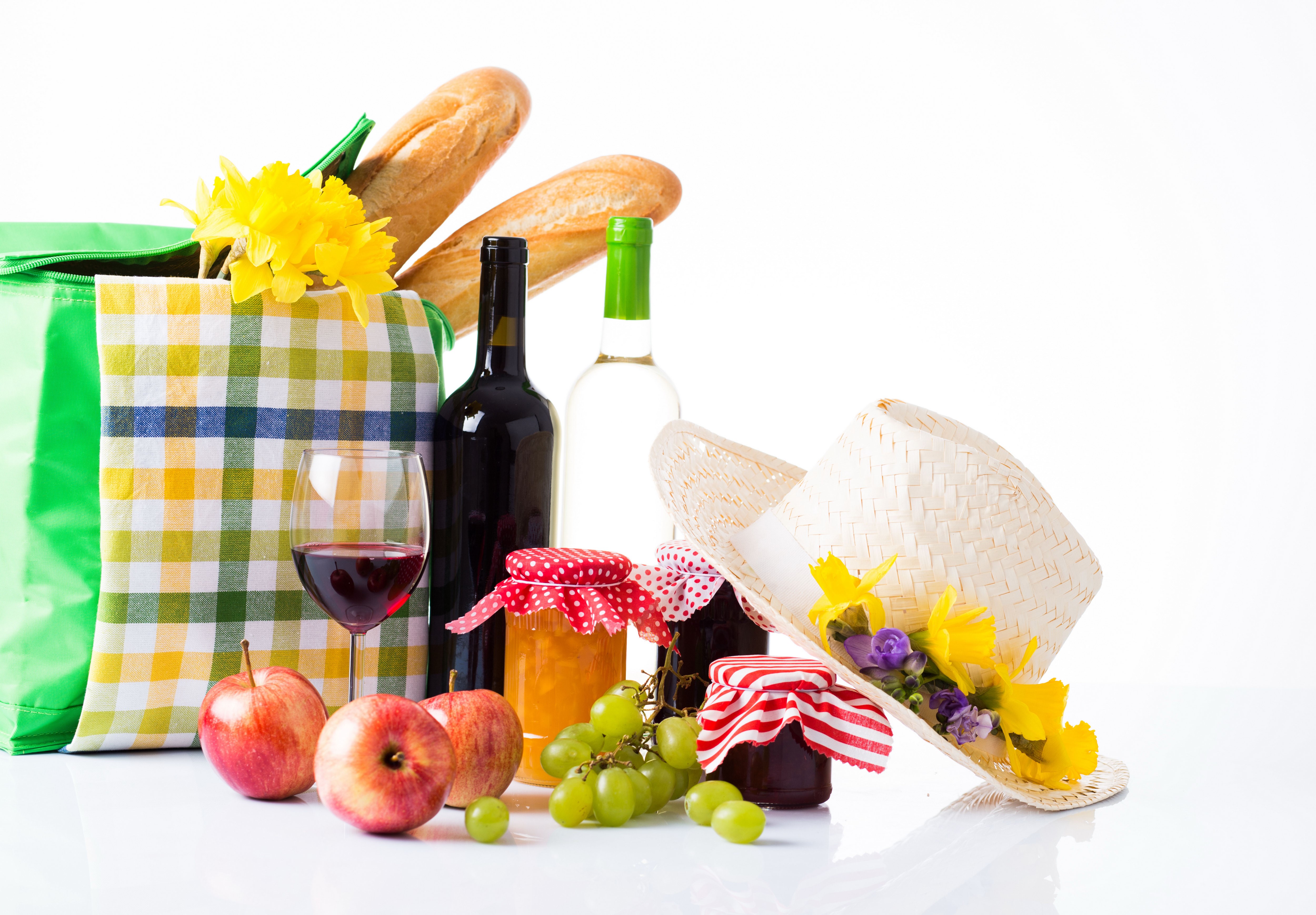 Picnic still life with wine, bread, jam, fruit, and hat HD Wallpaper