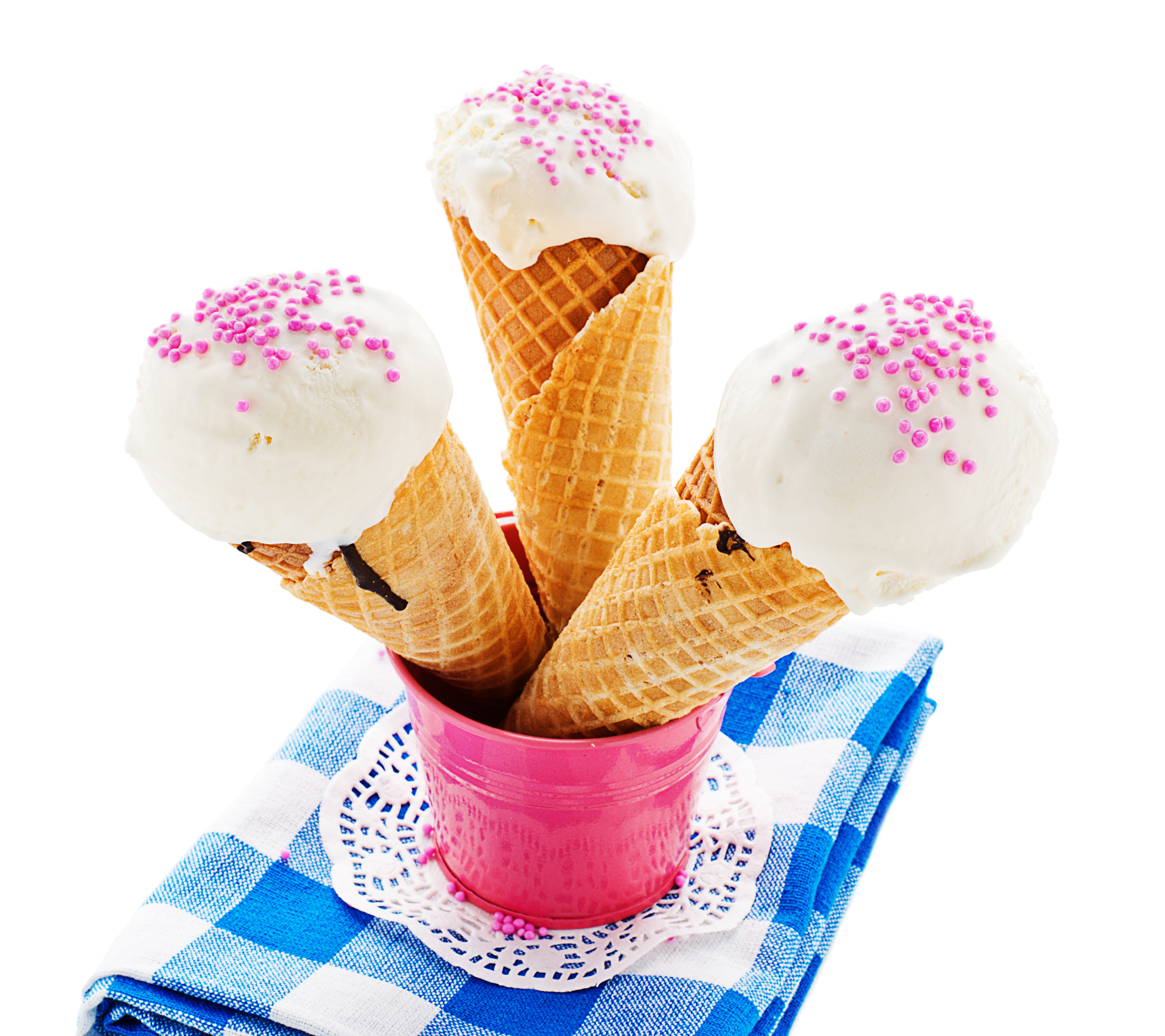 Three ice cream cones in a pink bucket HD Wallpaper