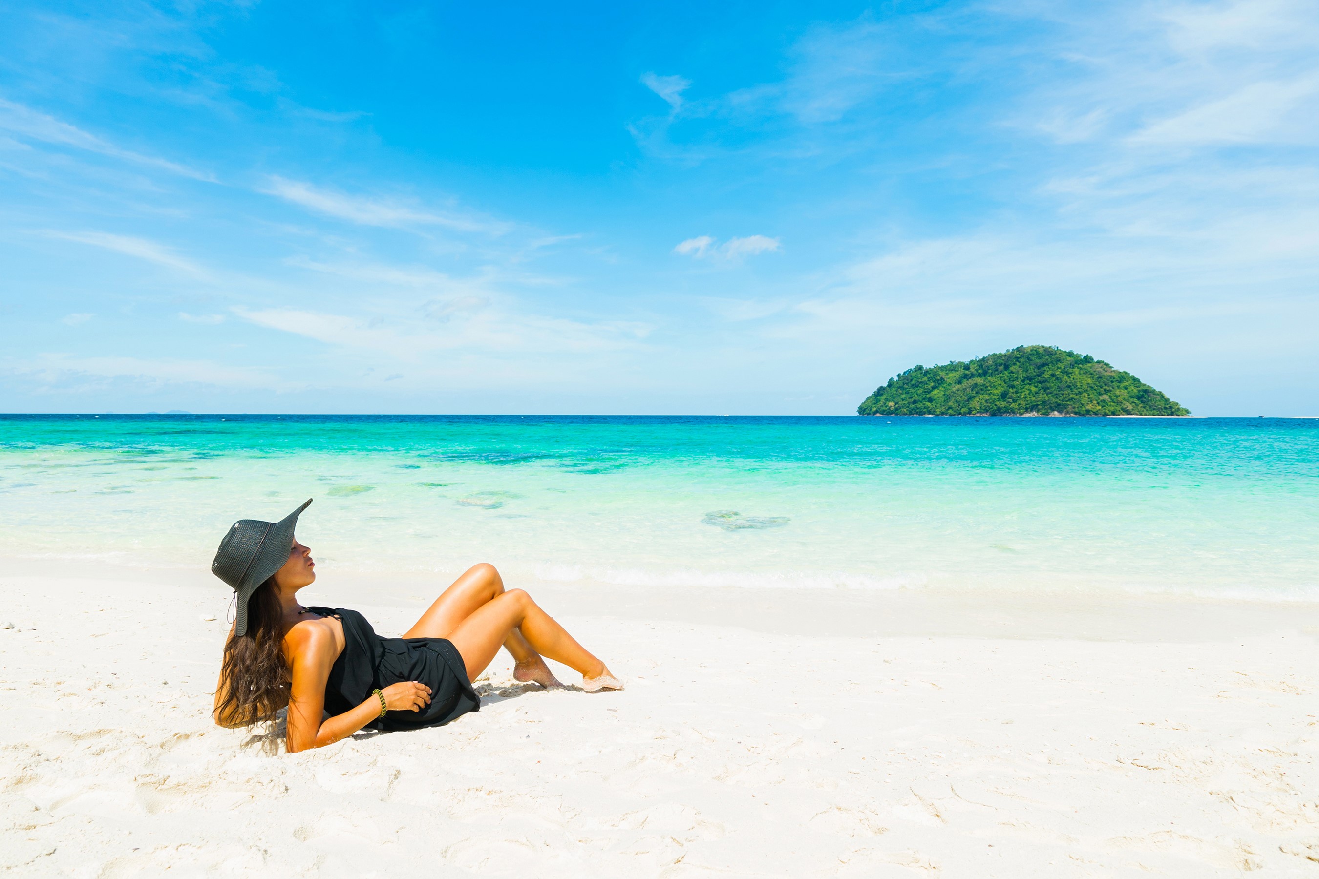 Woman in black dress and hat on a tropical beach HD Wallpaper