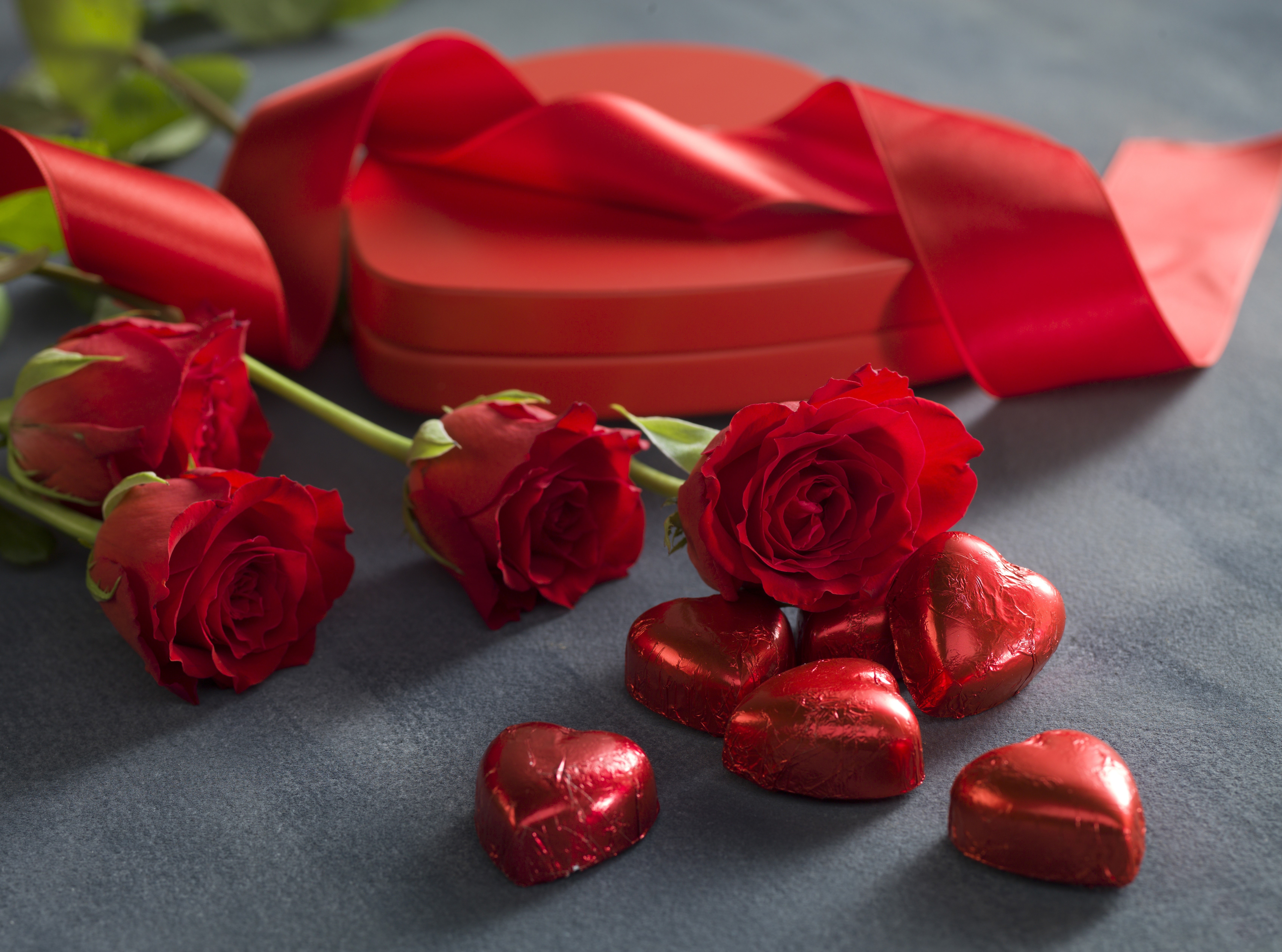 Red Roses, Heart Chocolates, and Gift Box with Ribbon HD Wallpaper