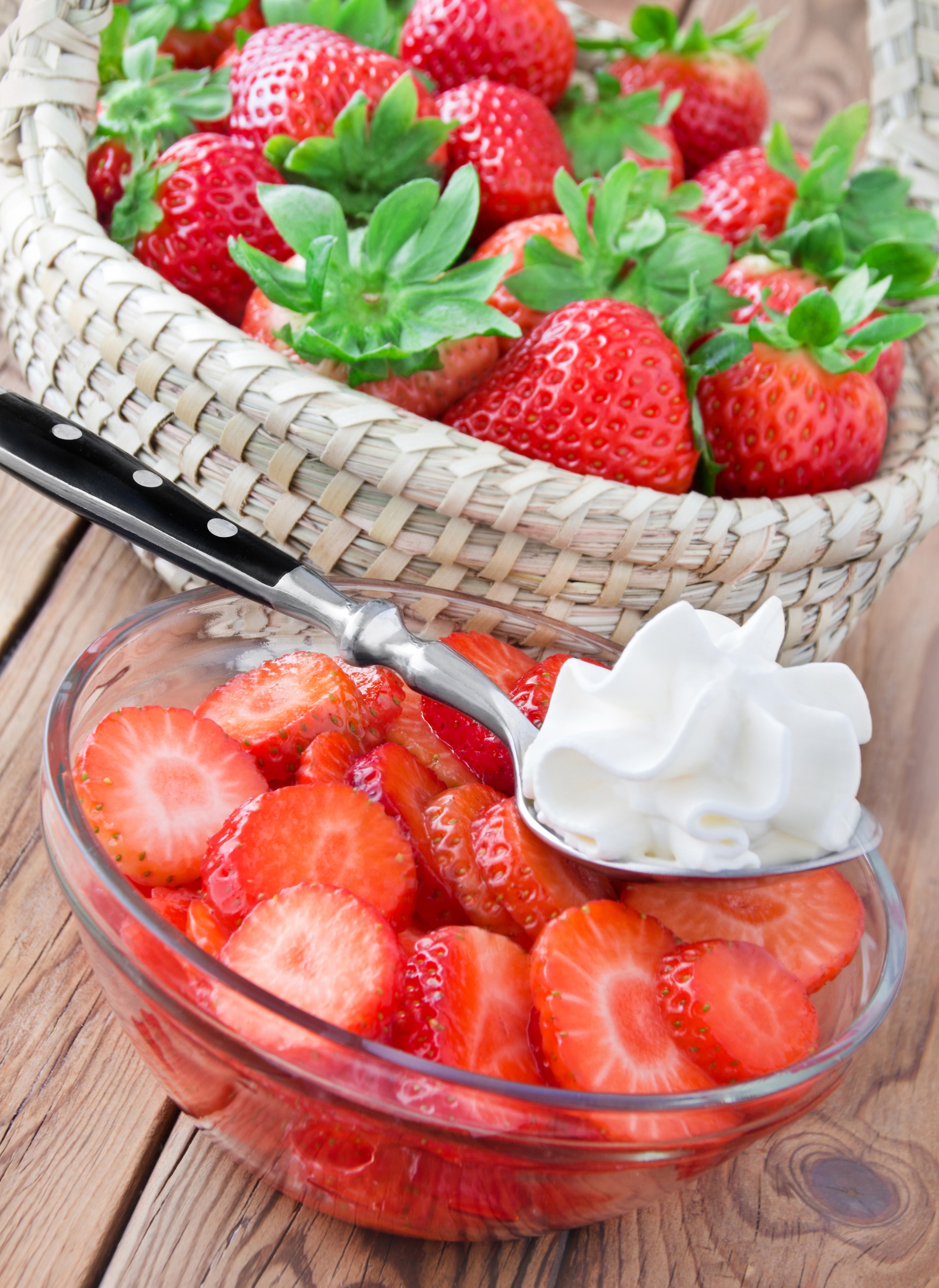 Strawberries with whipped cream in a bowl HD Phone Wallpaper
