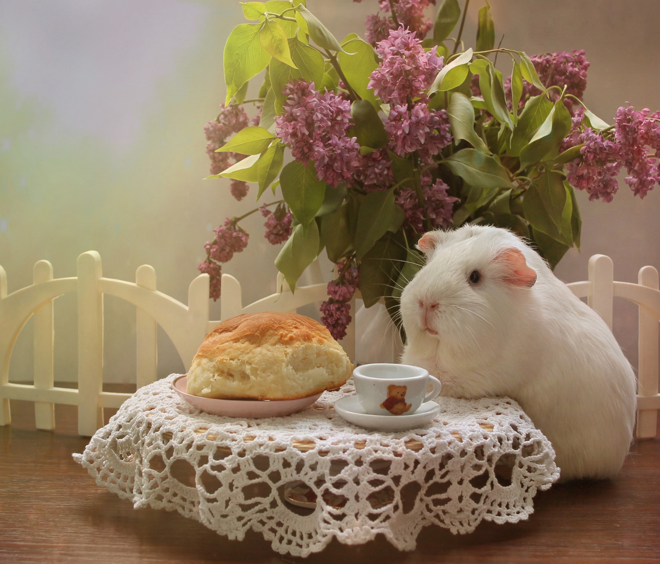 Guinea pig with pastry and lilac bouquet HD Wallpaper