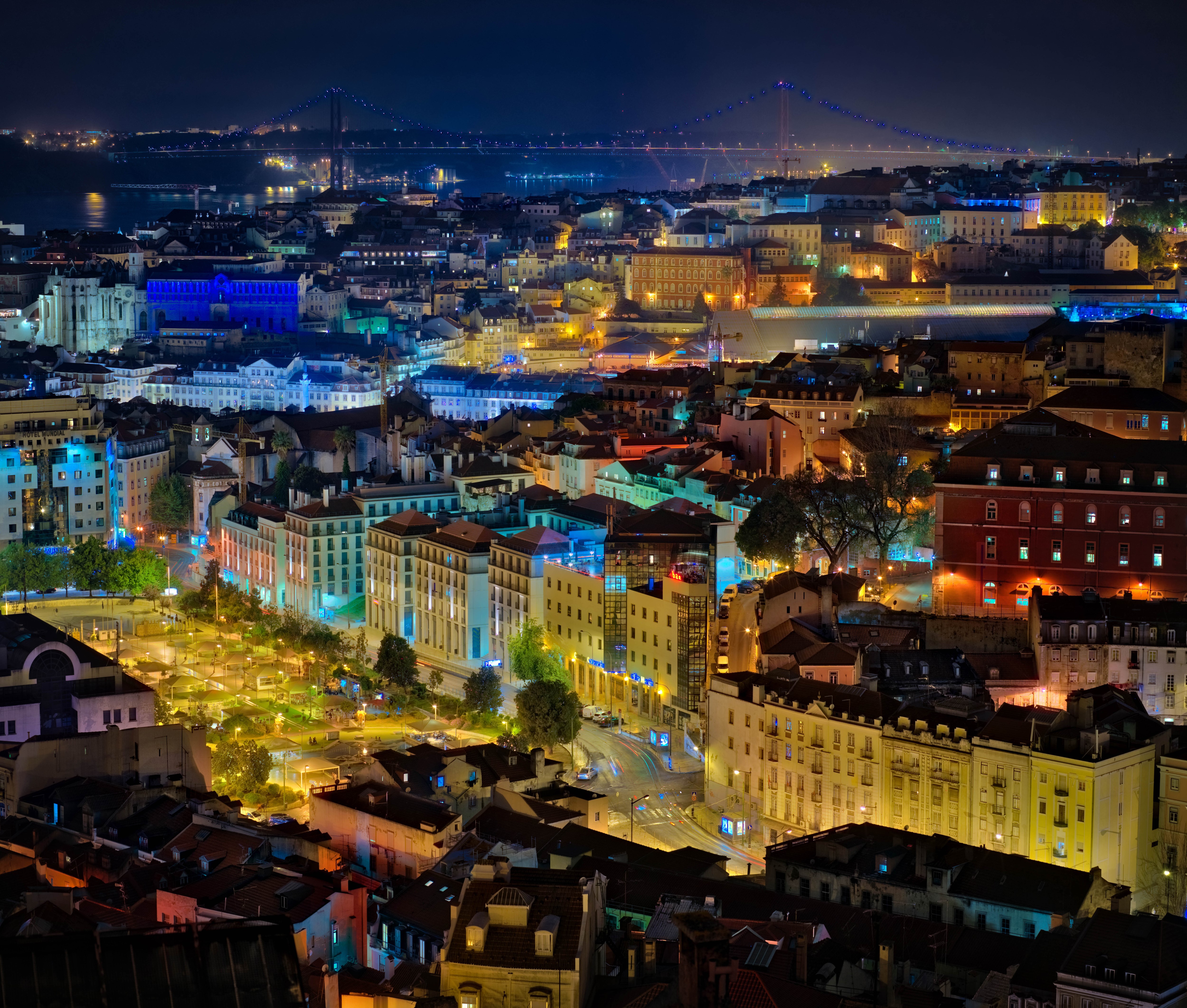 Lisbon cityscape at night with bridge HD Wallpaper