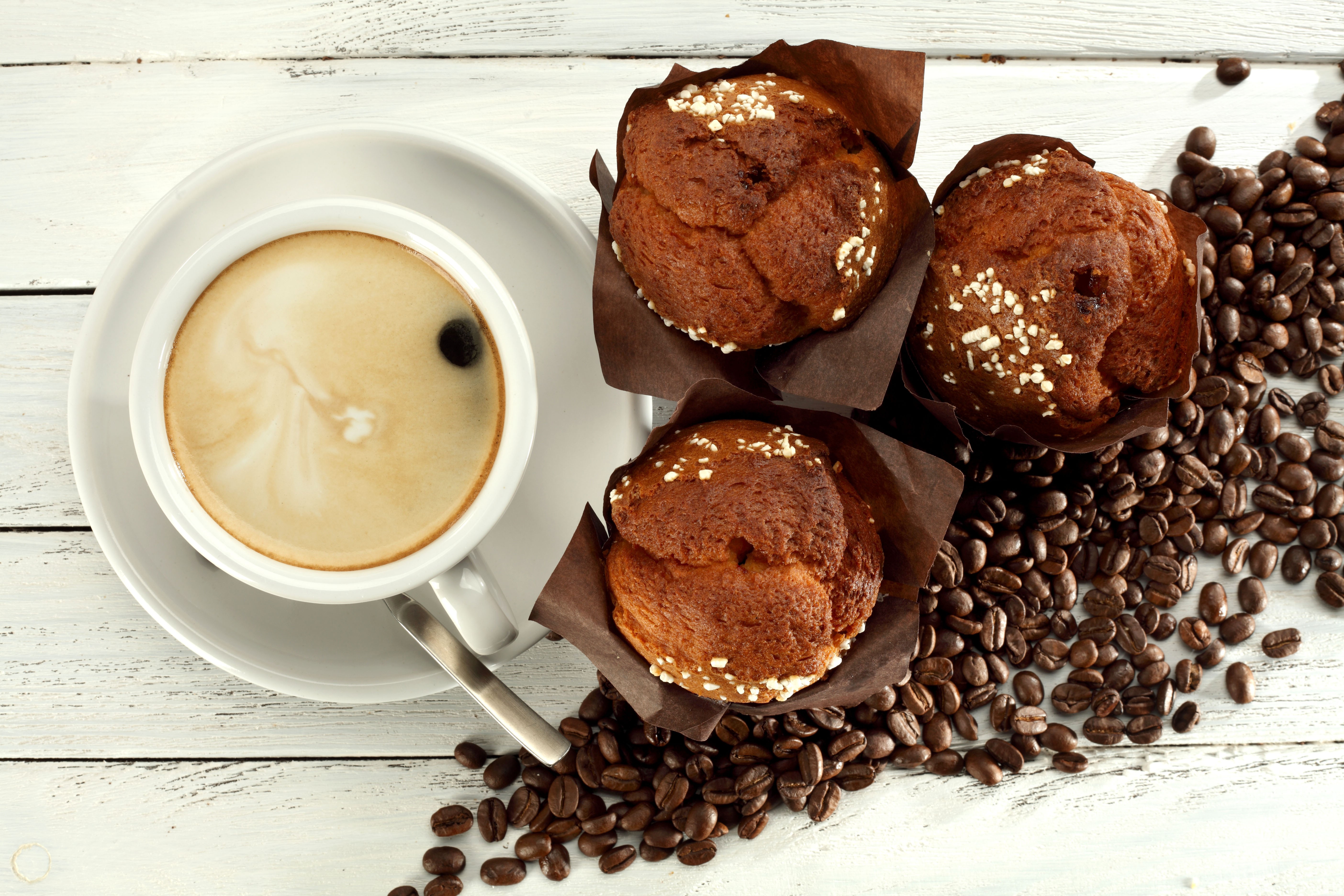 Coffee cup and muffins with coffee beans HD Wallpaper