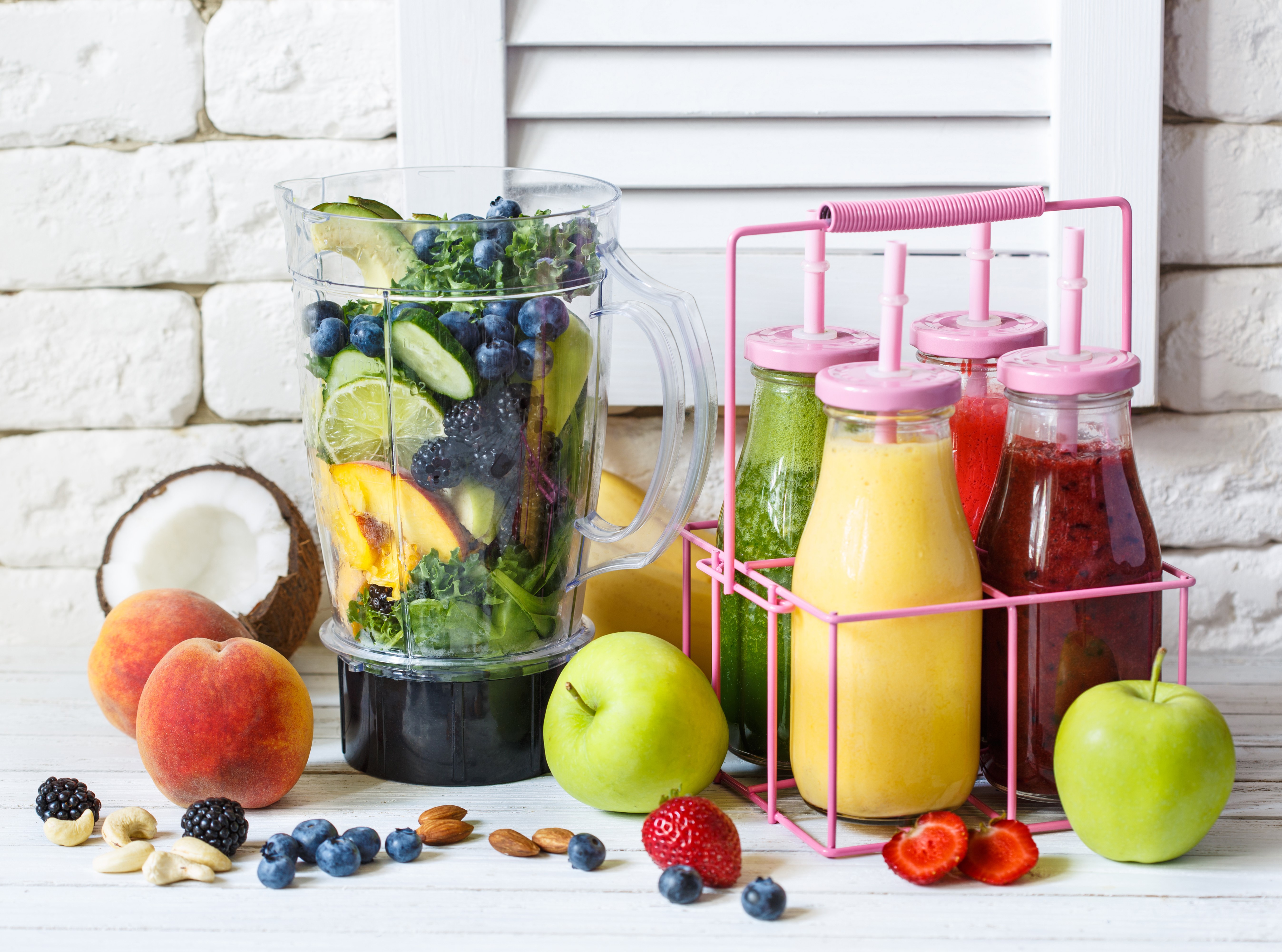 Fruit and Smoothies in Blender and Bottles HD Wallpaper