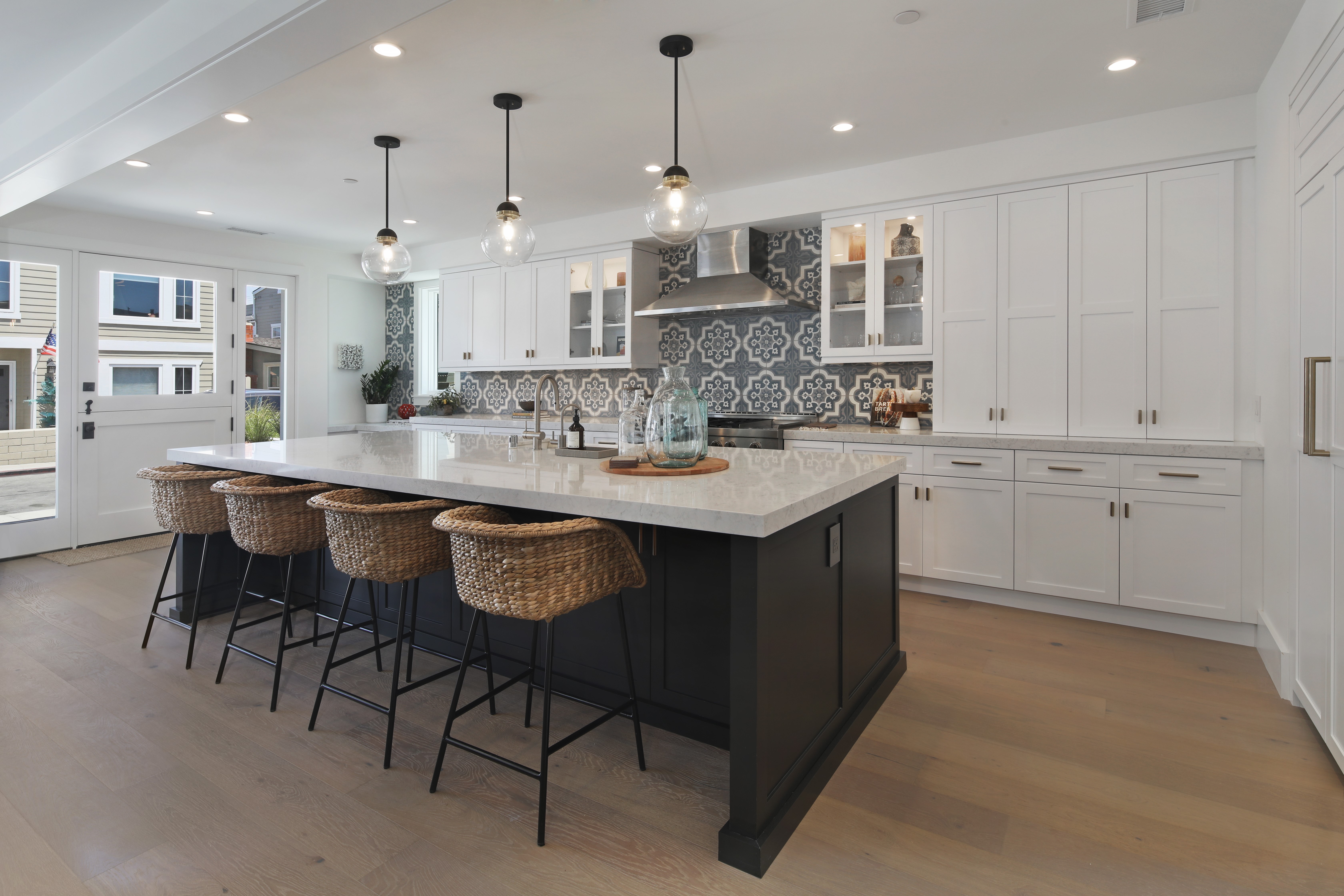 Modern Kitchen with Island and Bar Stools HD Wallpaper