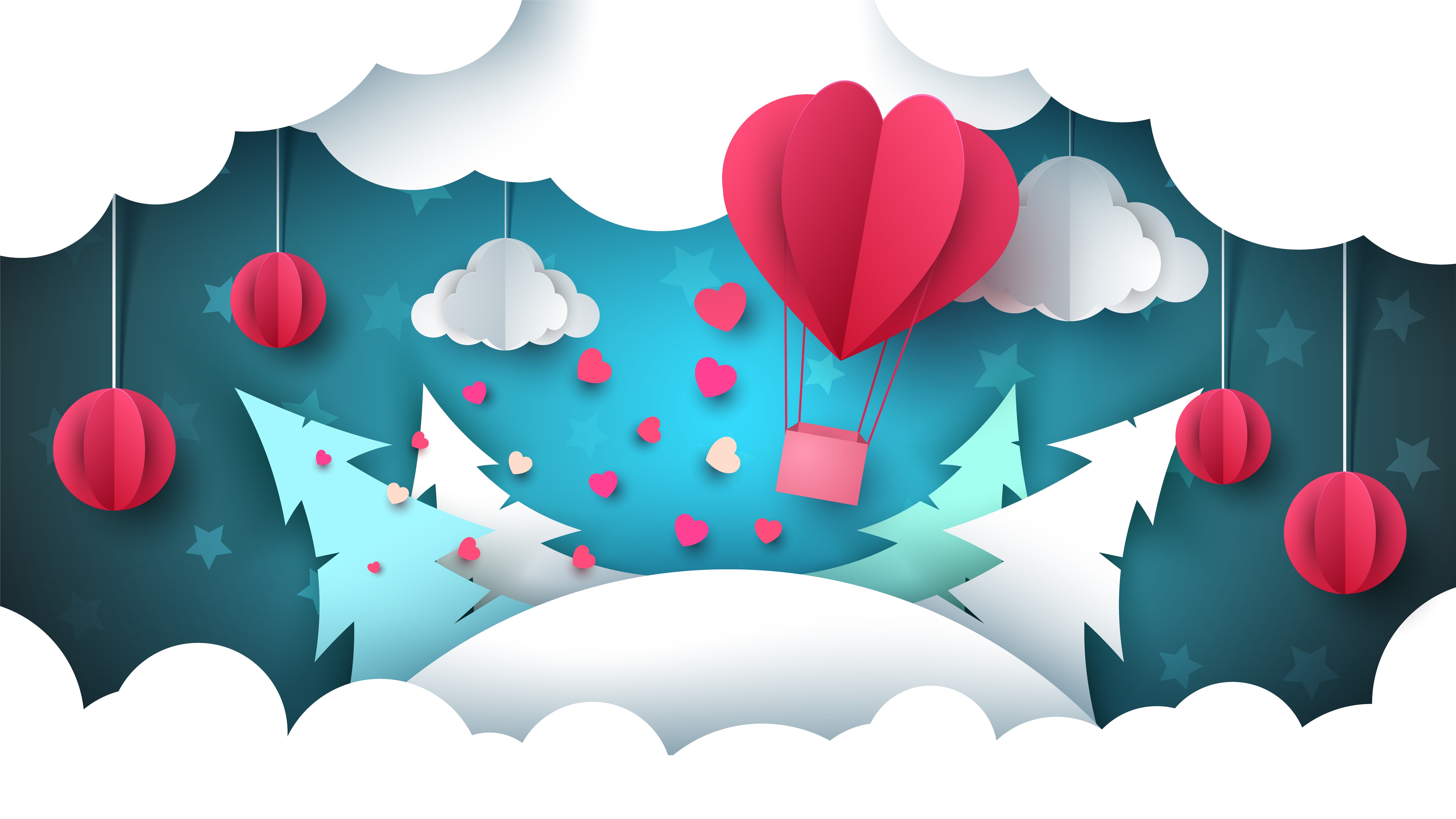 Origami hot air balloon with heart shape over snowy trees HD Wallpaper