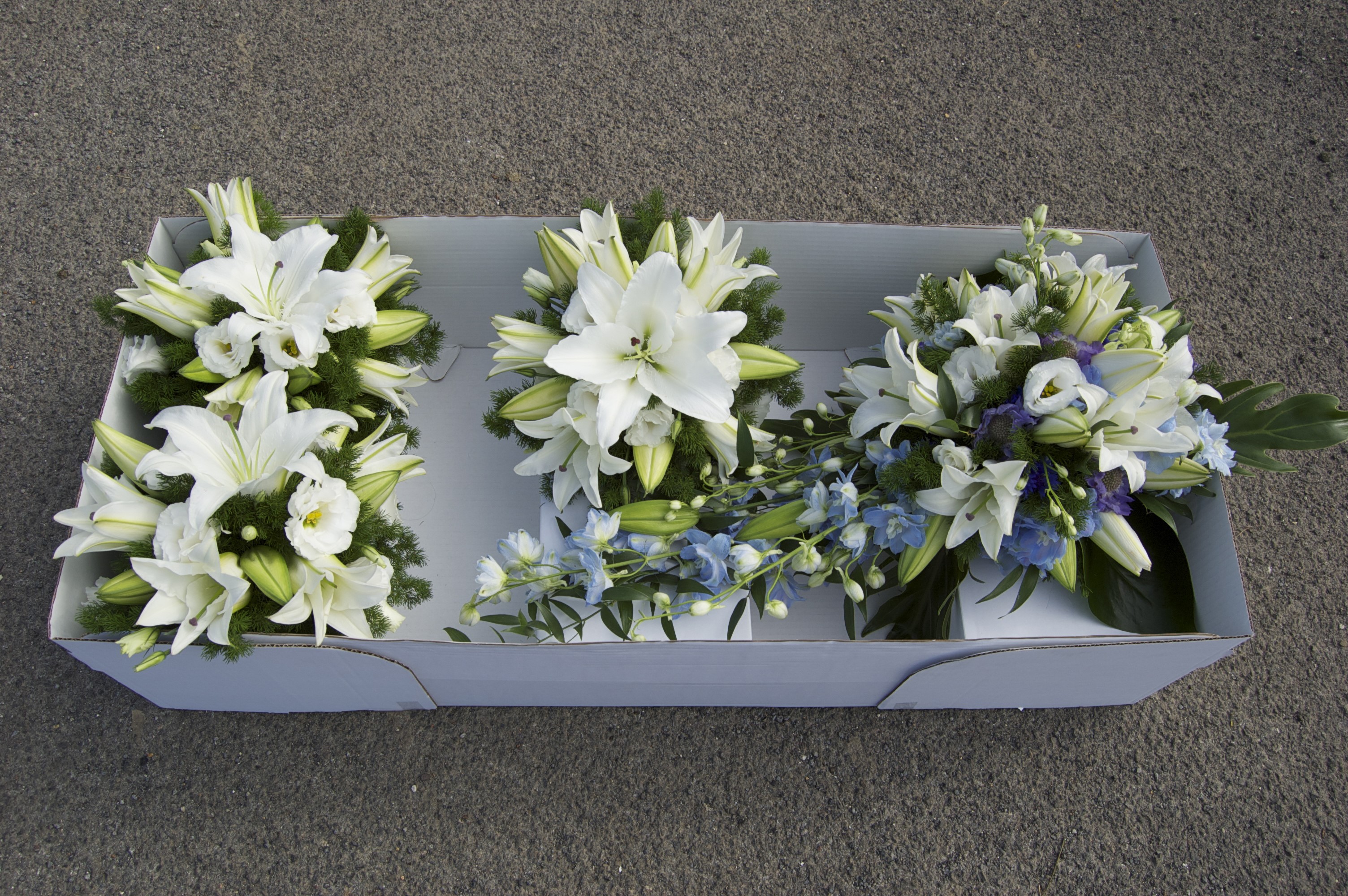 Three white lily bouquets in a box HD Wallpaper