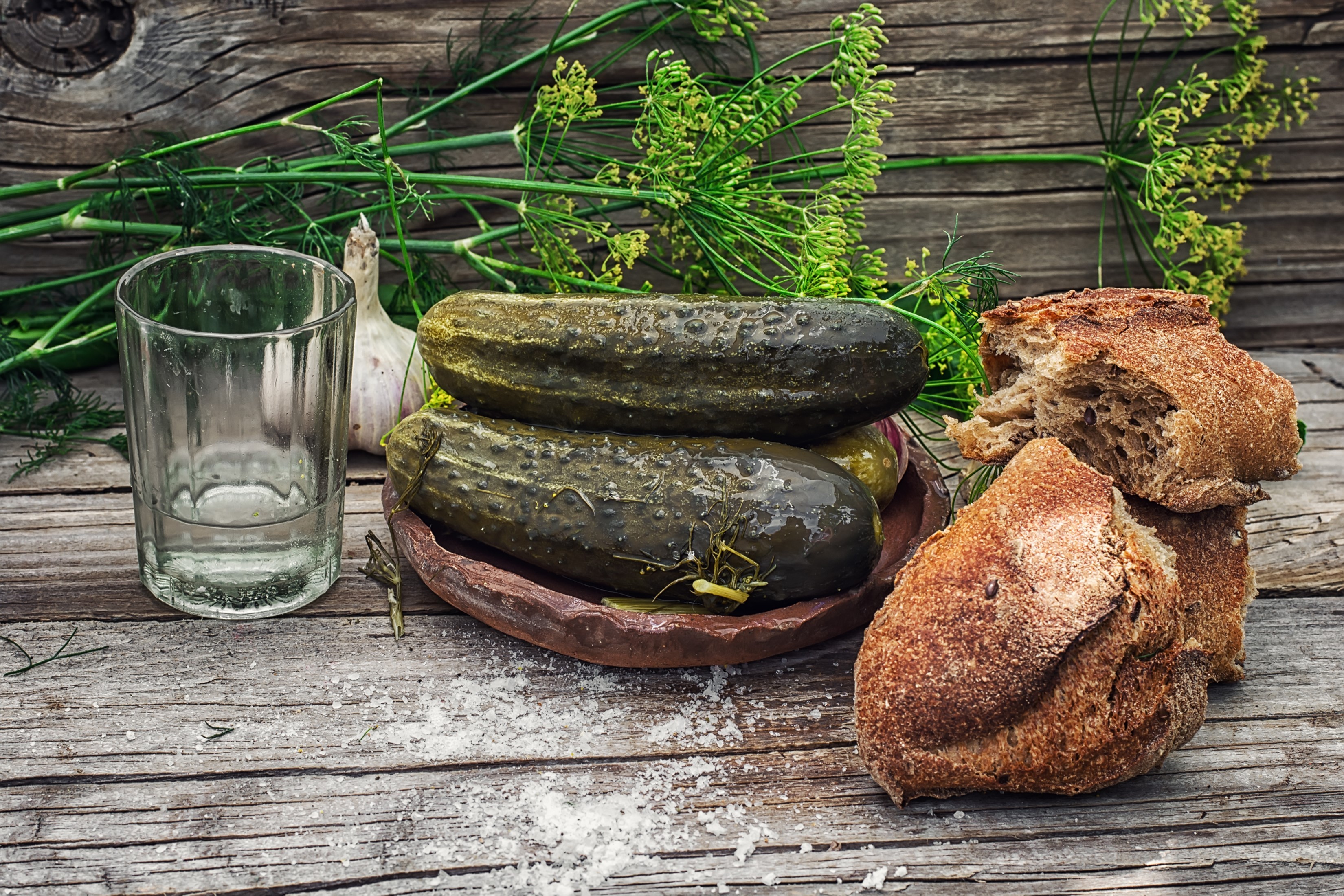 Vodka, Cucumbers, Bread, Dill, and Garlic on Wood HD Wallpaper