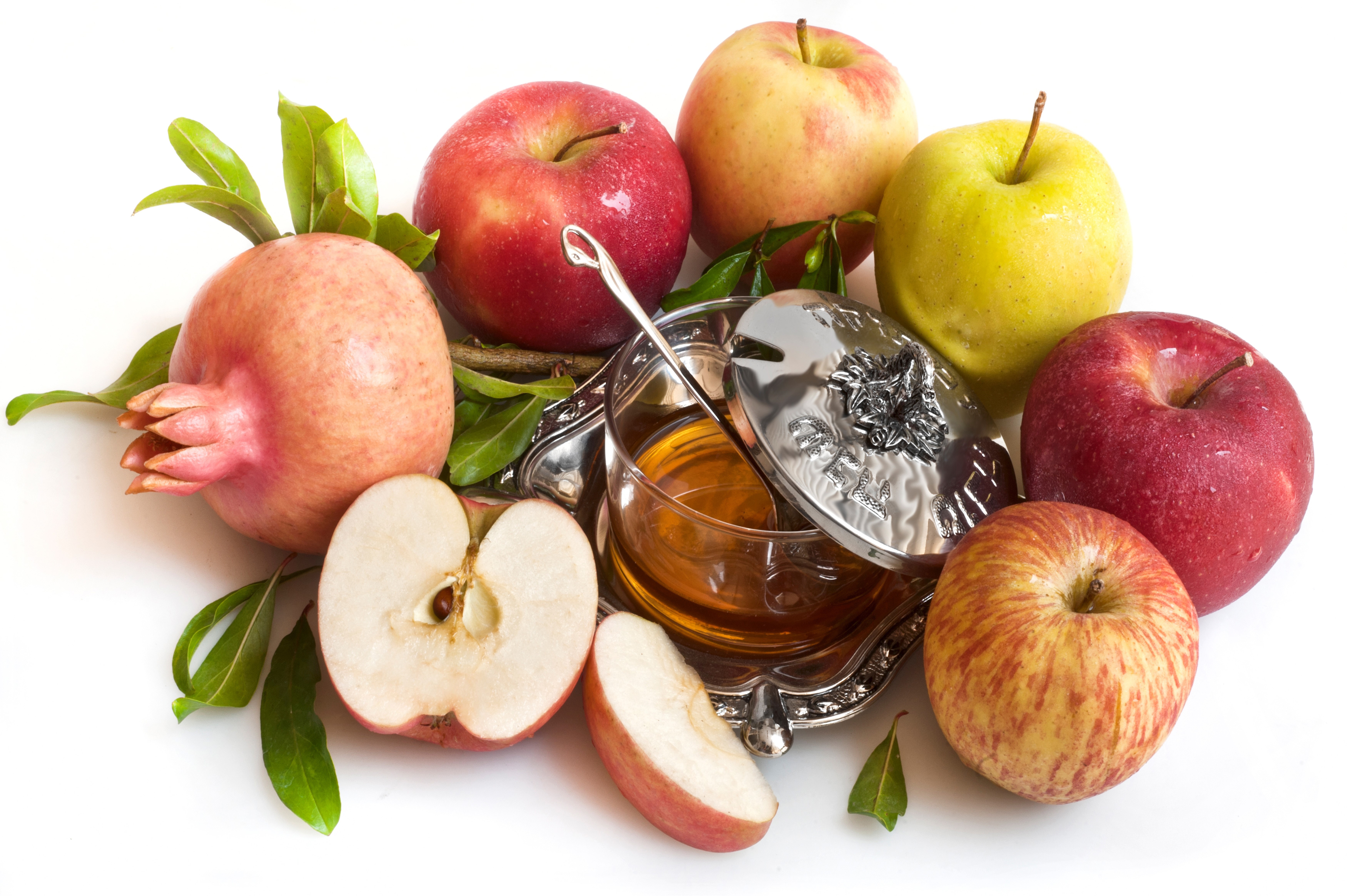 Apples, Pomegranate, and Honey on White Background HD Wallpaper