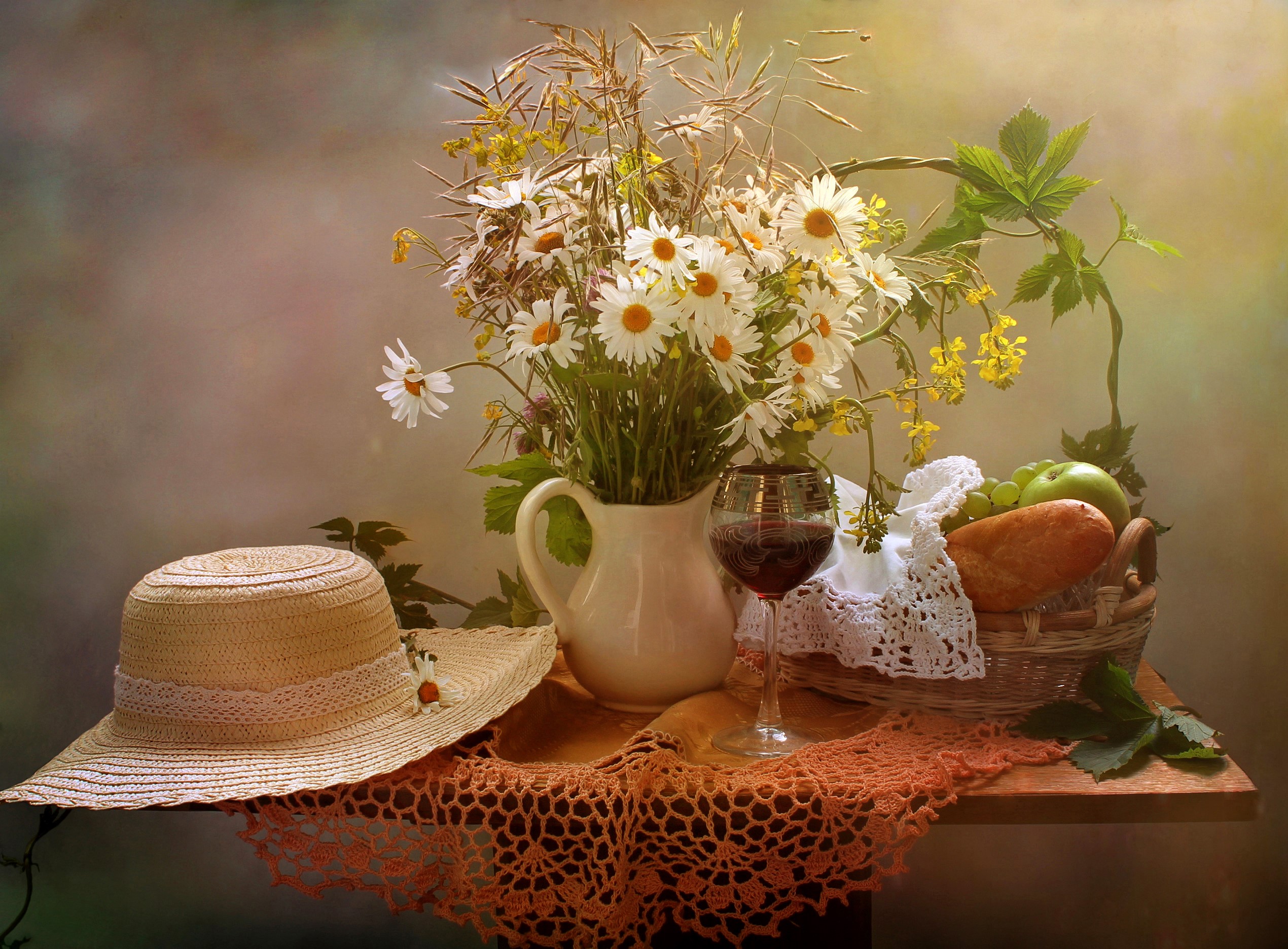 Still life with daisies, wine, bread, and a hat HD Wallpaper