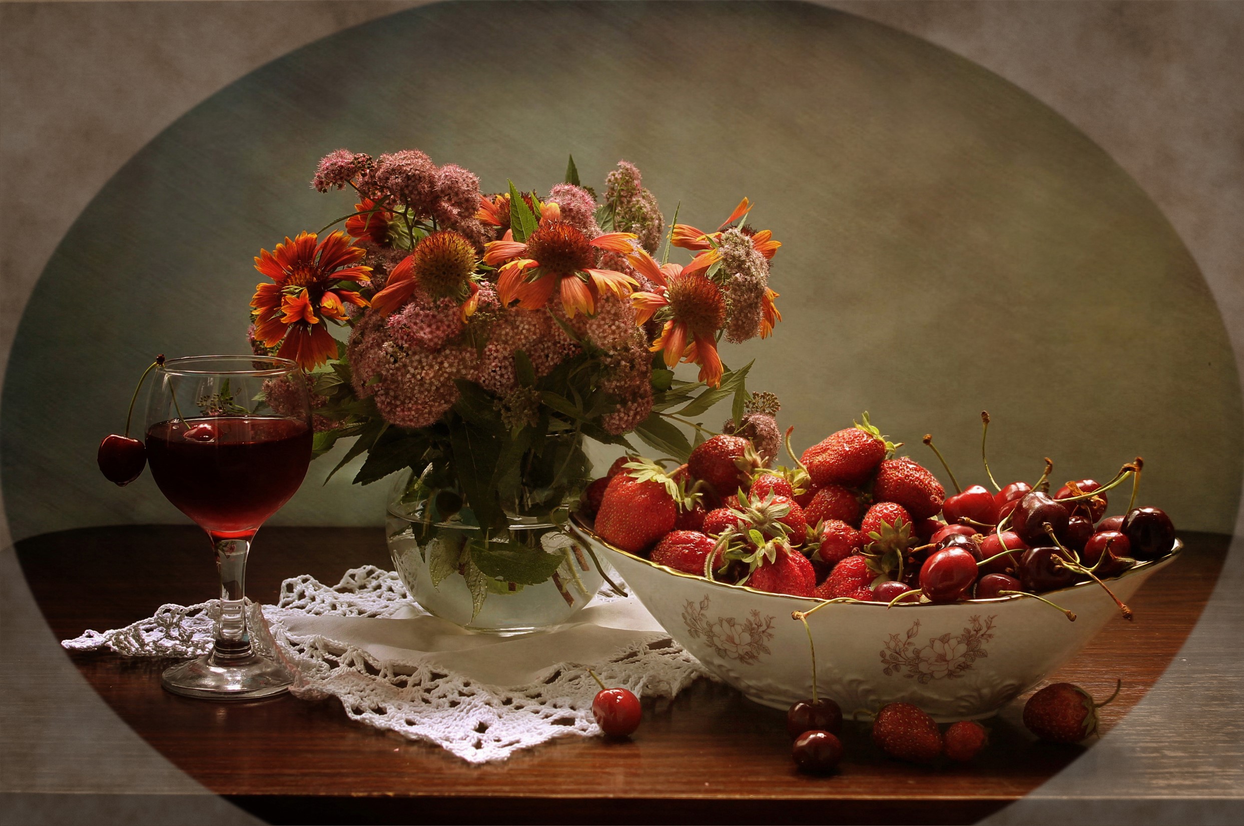 Still-life with flowers, fruits, and wine HD Wallpaper