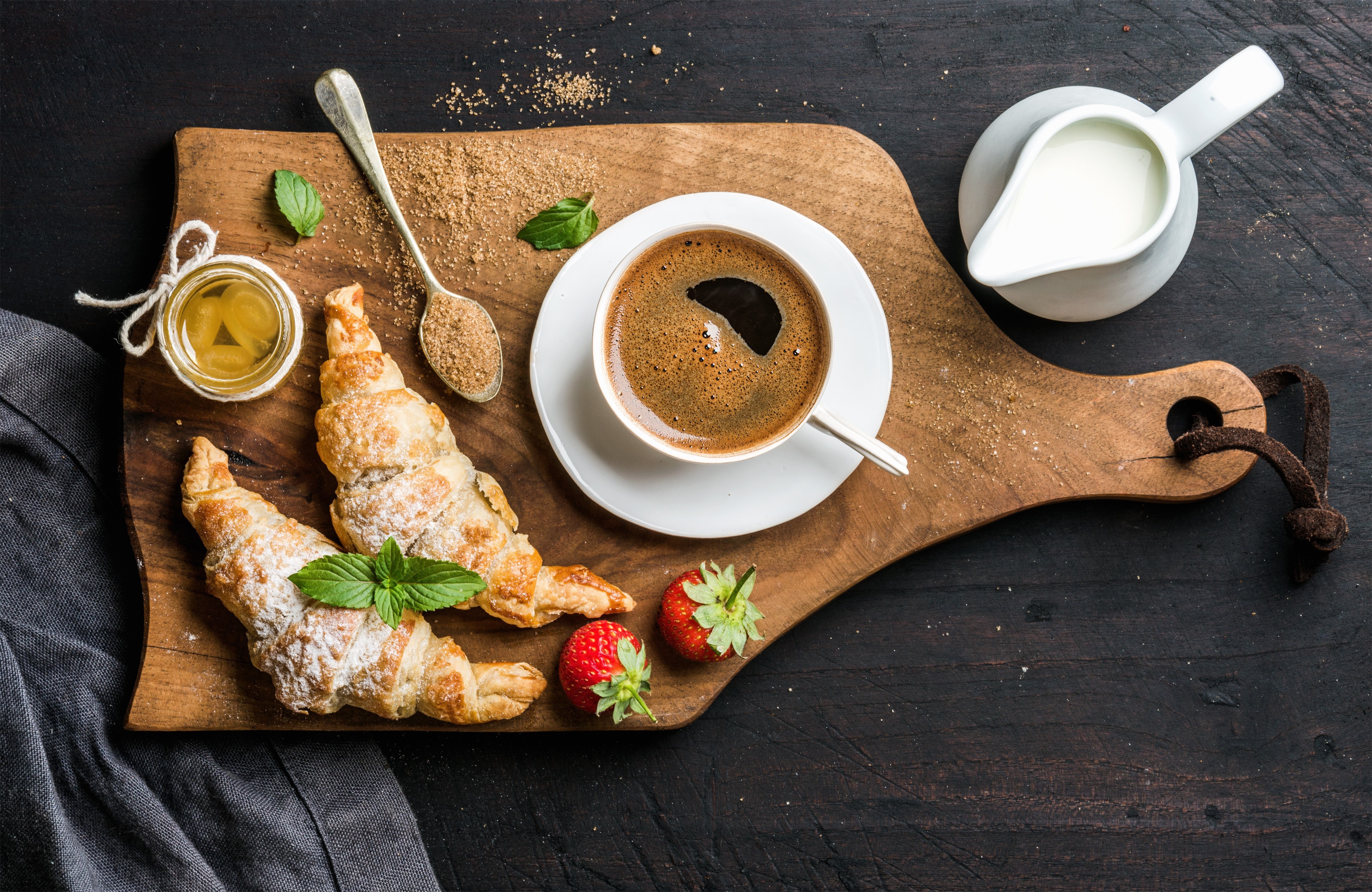Coffee and Croissants on a Cutting Board HD Wallpaper