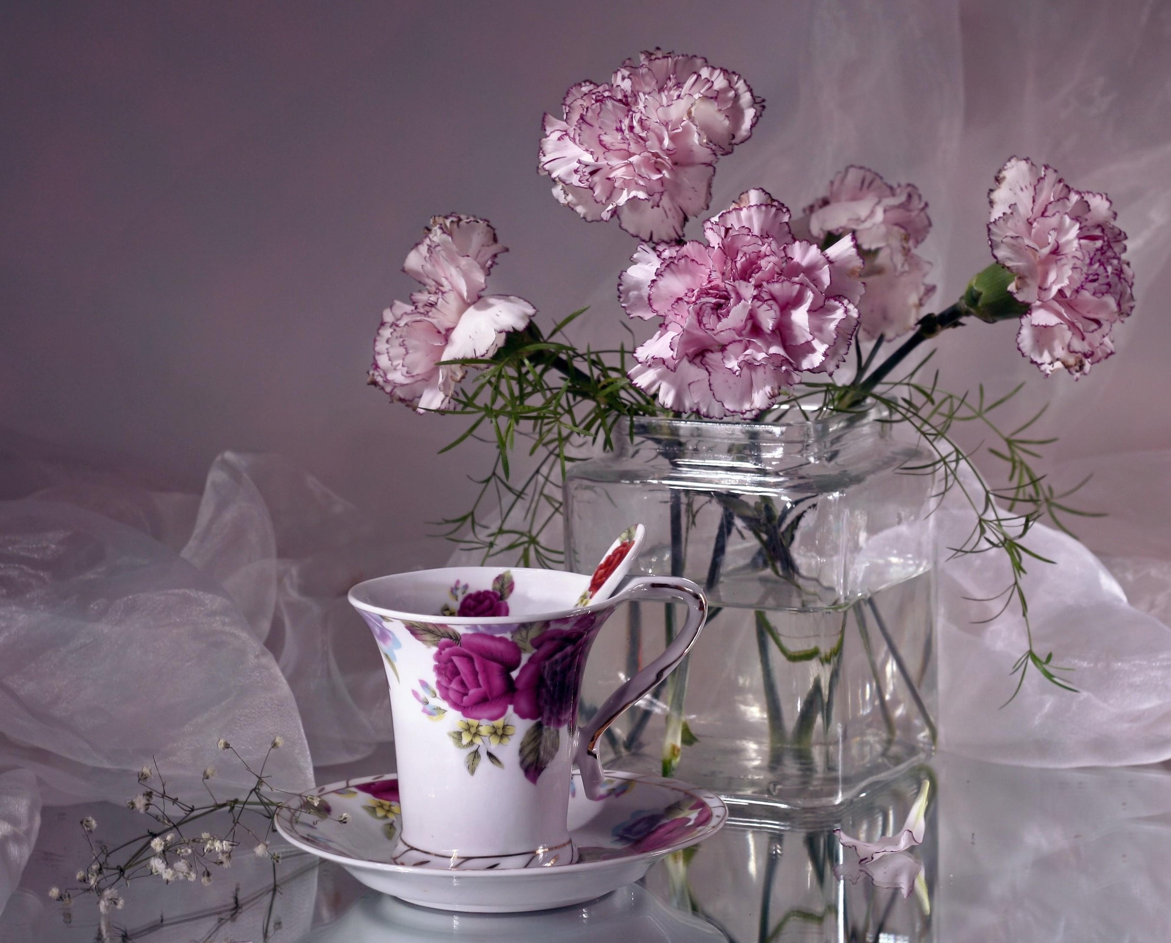 Still life with carnations and teacup HD Wallpaper