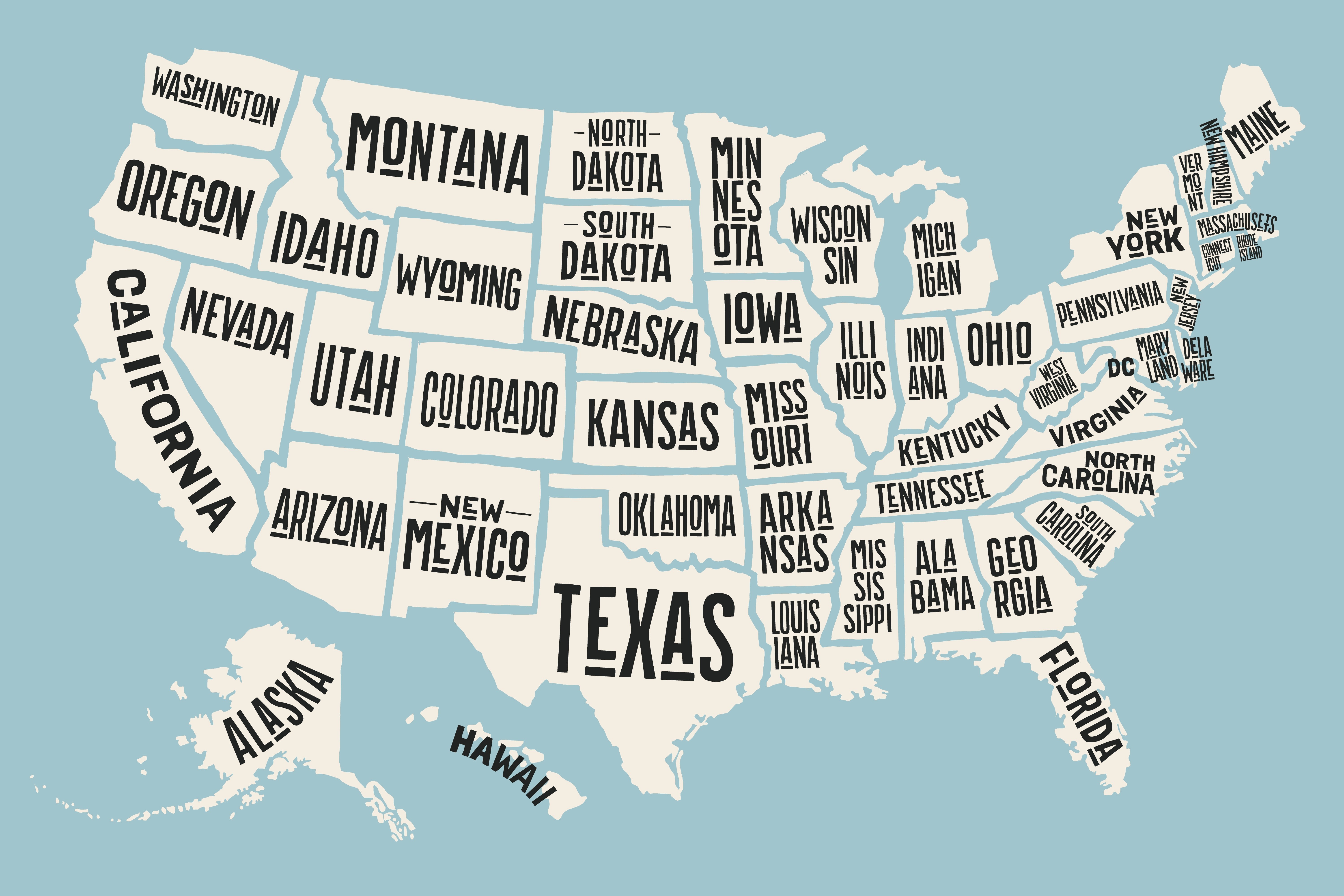 Map of the United States with State Names HD Wallpaper