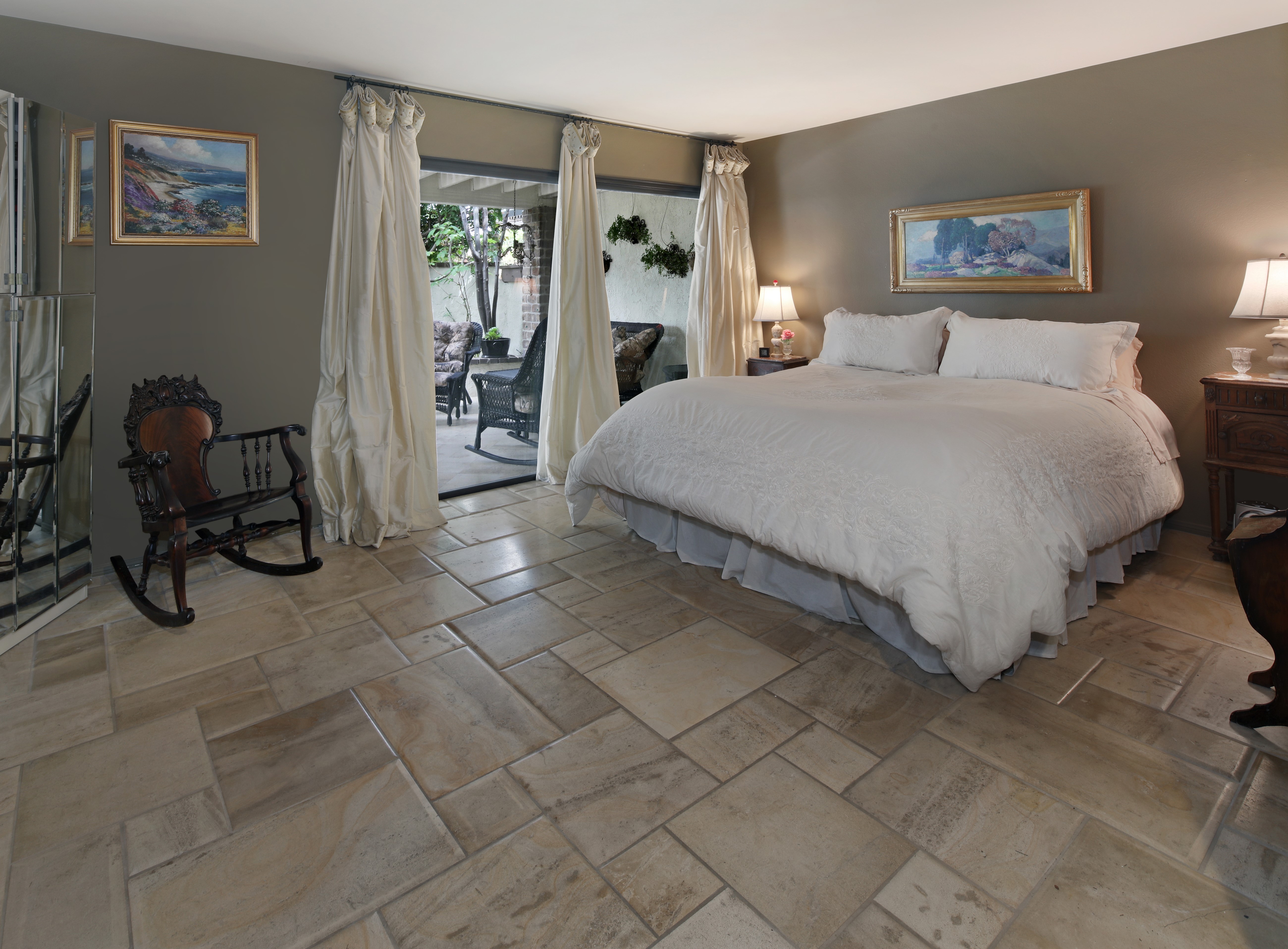 Bedroom with large bed and patio access HD Wallpaper