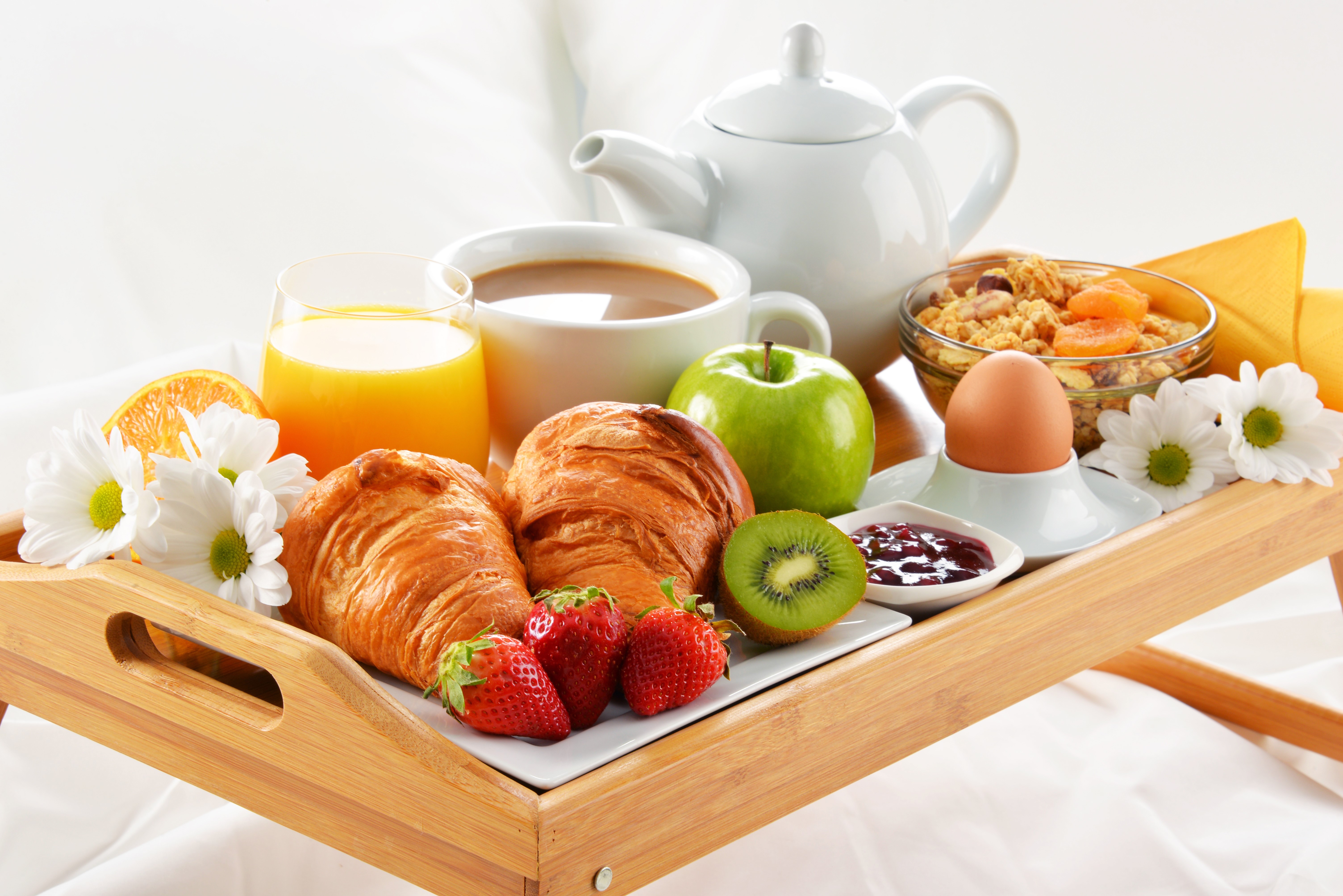 Breakfast tray with croissants, fruit, juice, coffee, and tea HD Wallpaper